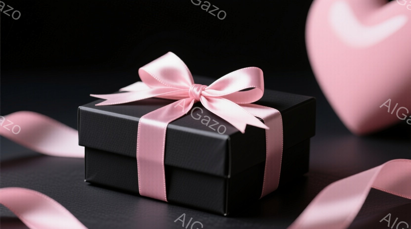 黒いギフトボックスが画面中央に配置され、明るいピンクのリボンで丁寧に飾られています。リボンは上品な弓結びになっており、ボックスの周囲に柔らかく広がっています。背景は暗いグレーで、リボンの流れがアクセン - AI生成フリー素材