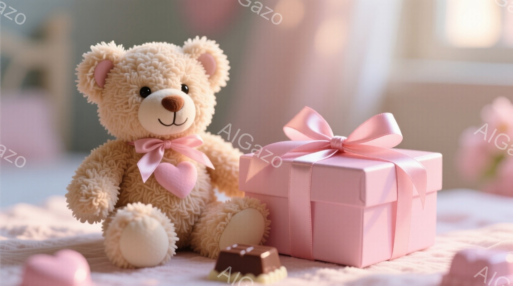 ふわふわのベージュ色のテディベアが、ピンクのリボンとハート型のペンダントをつけて座っています。テディベアの隣には、ピンク色のリボンで結ばれたギフトボックスと、チョコレートがいくつか置かれています。背景はぼやけており、柔らかいピンクの花が少し見え、全体的に甘くロマンチックな雰囲気を醸し出しています。