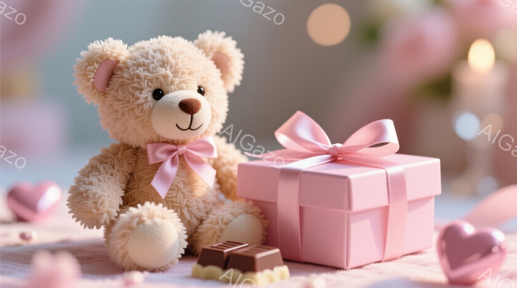 柔らかい茶色のテディベアが、ピンク色のリボンで結ばれたプレゼントの箱の隣に座っています。プレゼントの前には、チョコレートが2つ置かれており、背景にはぼやけたハート型の装飾が見えます。全体的に、甘く、優しい雰囲気で、バレンタインや誕生日などの特別な日のイメージを喚起させます。