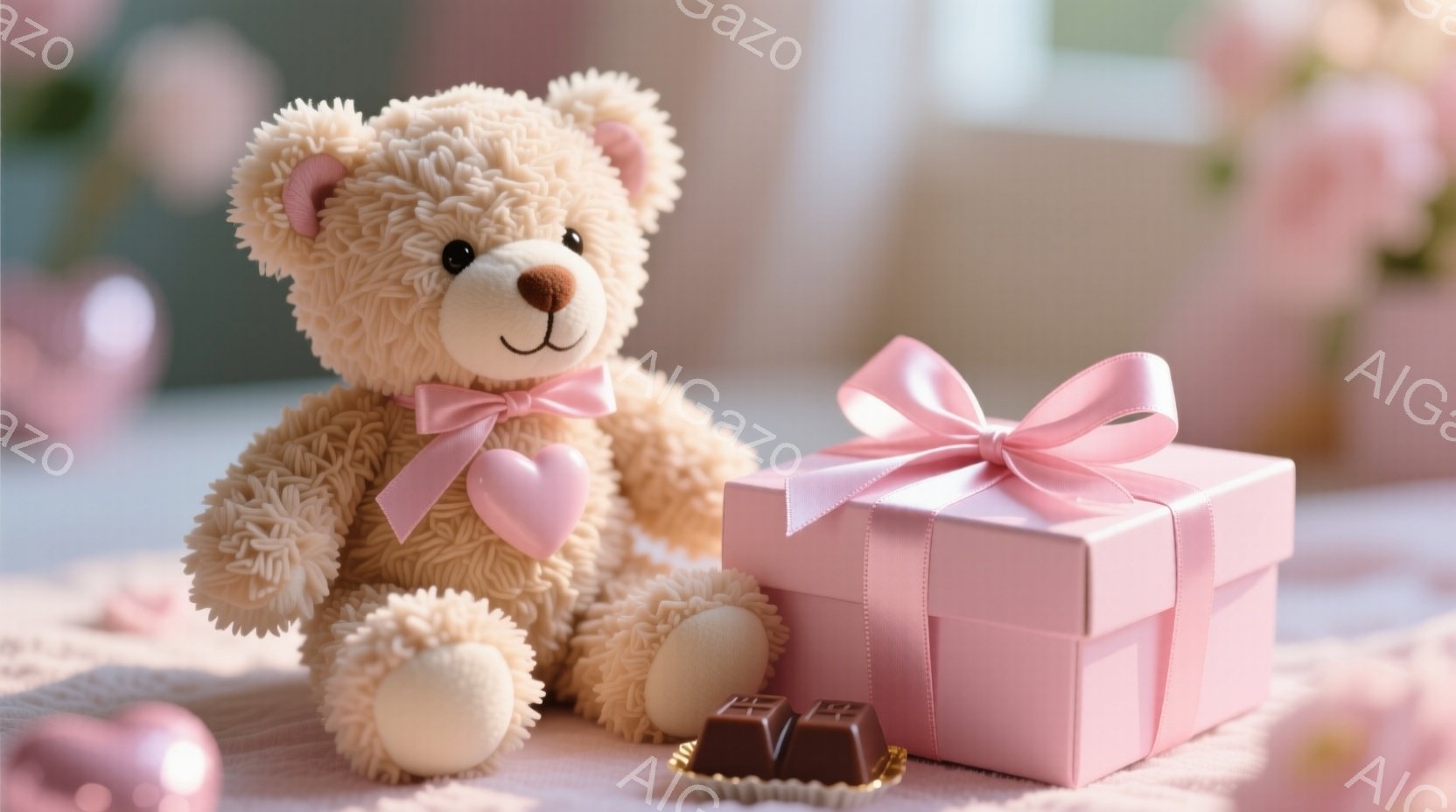 ふわふわの茶色のテディベアがピンク色のリボンとハートのペンダントを身に着けて座っており、隣にはピンク色のリボンで飾られたギフトボックスとチョコレートが置かれています。背景にはぼやけたピンク色の花が咲き、全体的に柔らかく、甘い雰囲気を醸し出しています。ギフトボックスとチョコレートは、バレンタインや誕生日など、特別な機会を示唆しています。
