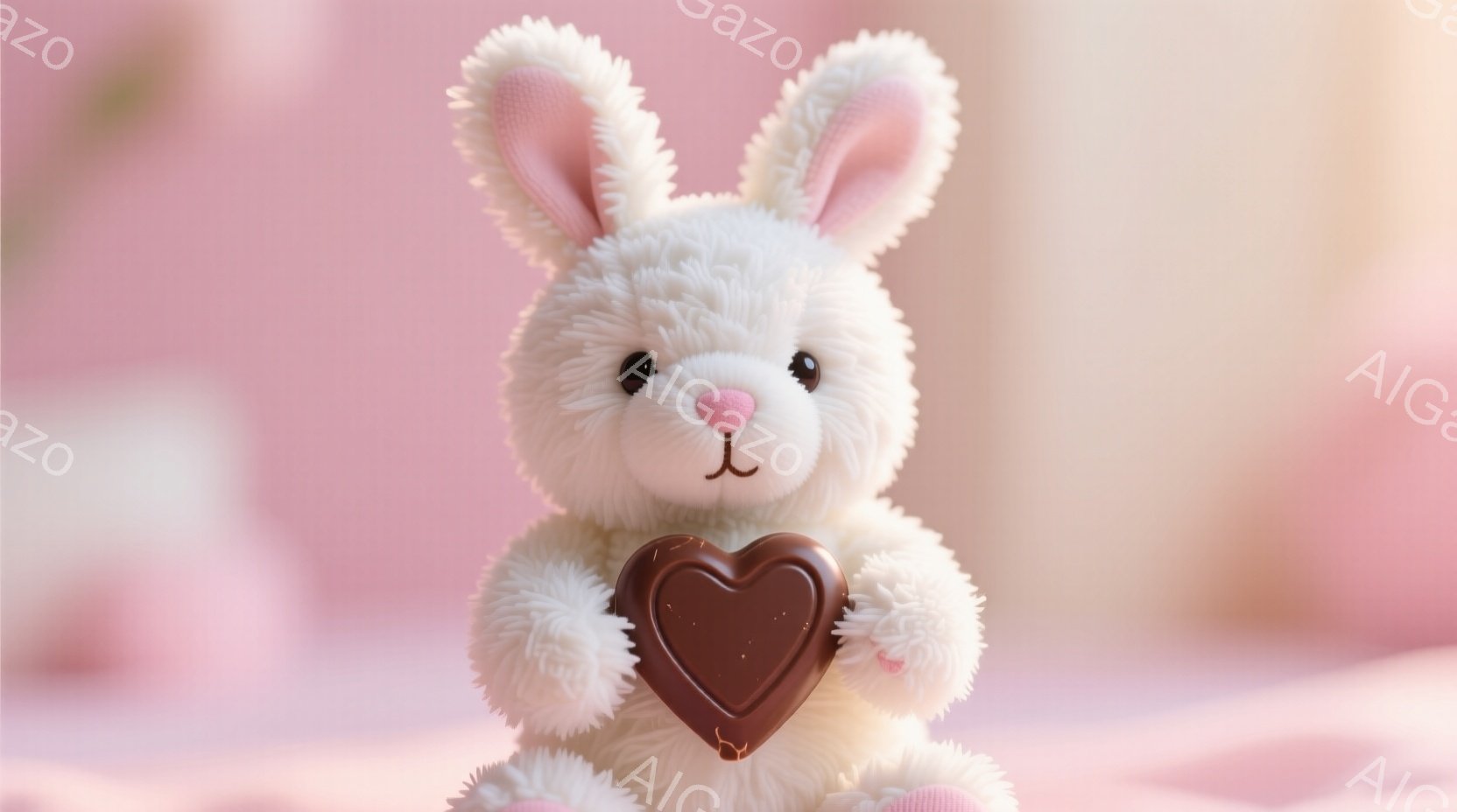 ふわふわの白いウサギのぬいぐるみは、茶色のハート型のチョコレートを両手で抱えています。ピンク色の背景がぼかされており、柔らかく優しい雰囲気を醸し出しています。ウサギの表情は穏やかで、まるでバレンタイン - AI生成フリー素材
