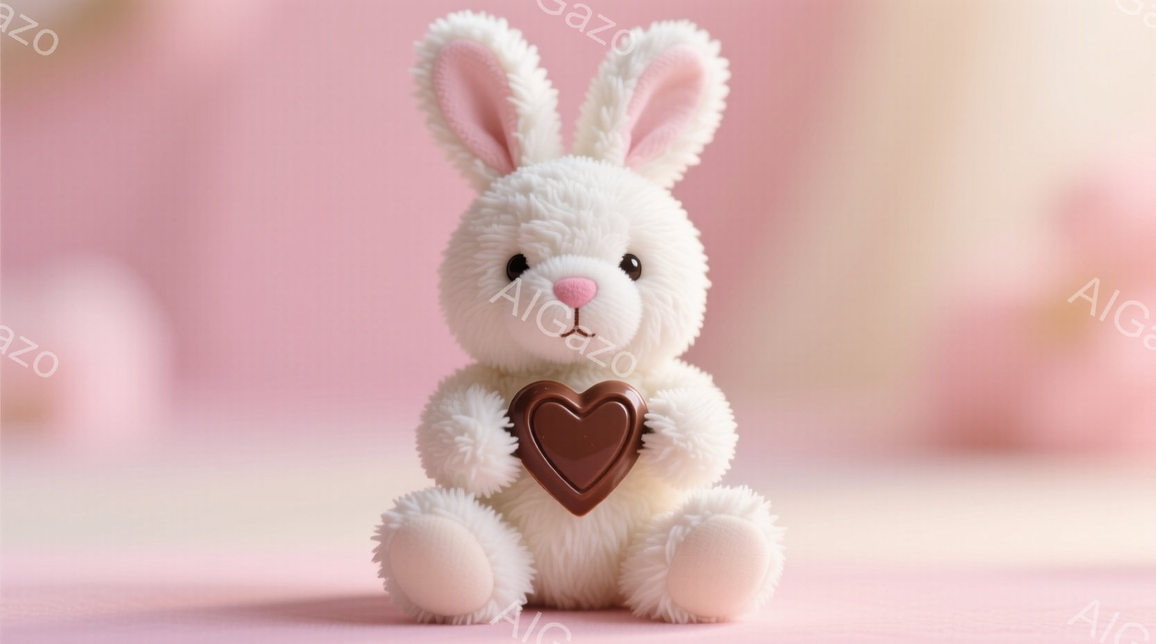 ふわふわの白い子ウサギのぬいぐるみは、茶色のハート型のチョコレートを抱えています。その表情は穏やかで、可愛らしい姿は優しい雰囲気を醸し出しています。背景は淡いピンク色で、柔らかく暖かな印象を与えます。
