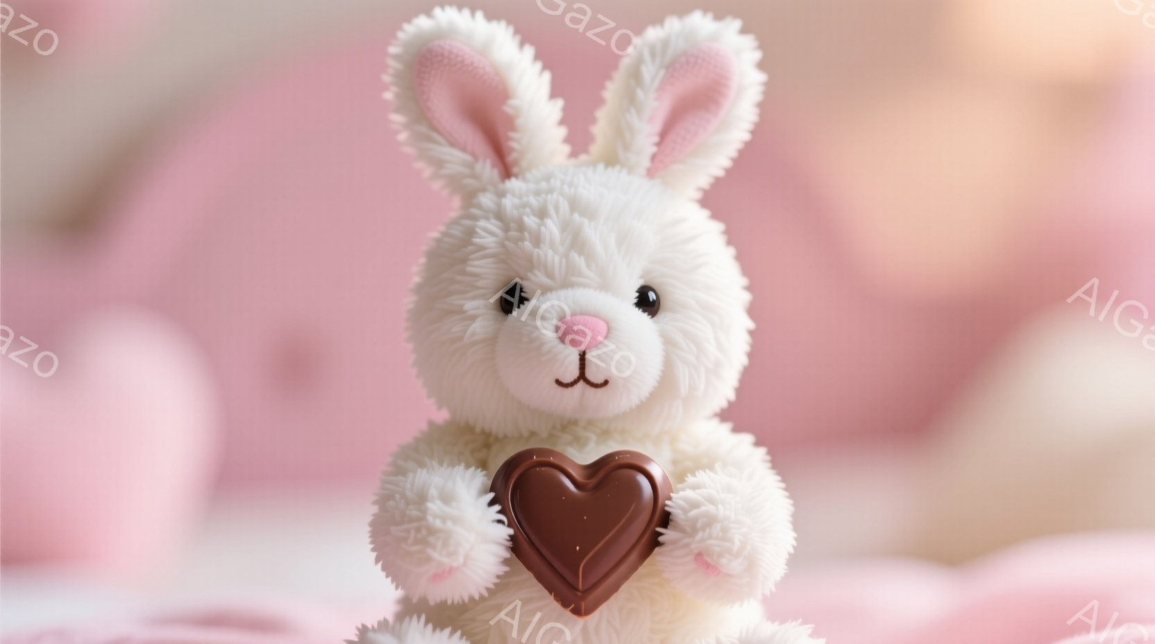 ふわふわの白いぬいぐるみウサギが、茶色のハート型のチョコレートを両手で抱えています。ウサギはピンクの鼻と、丸くてつぶらな瞳を持ち、愛らしい表情をしています。背景は淡いピンク色でぼかされており、温かく優 - AI生成フリー素材