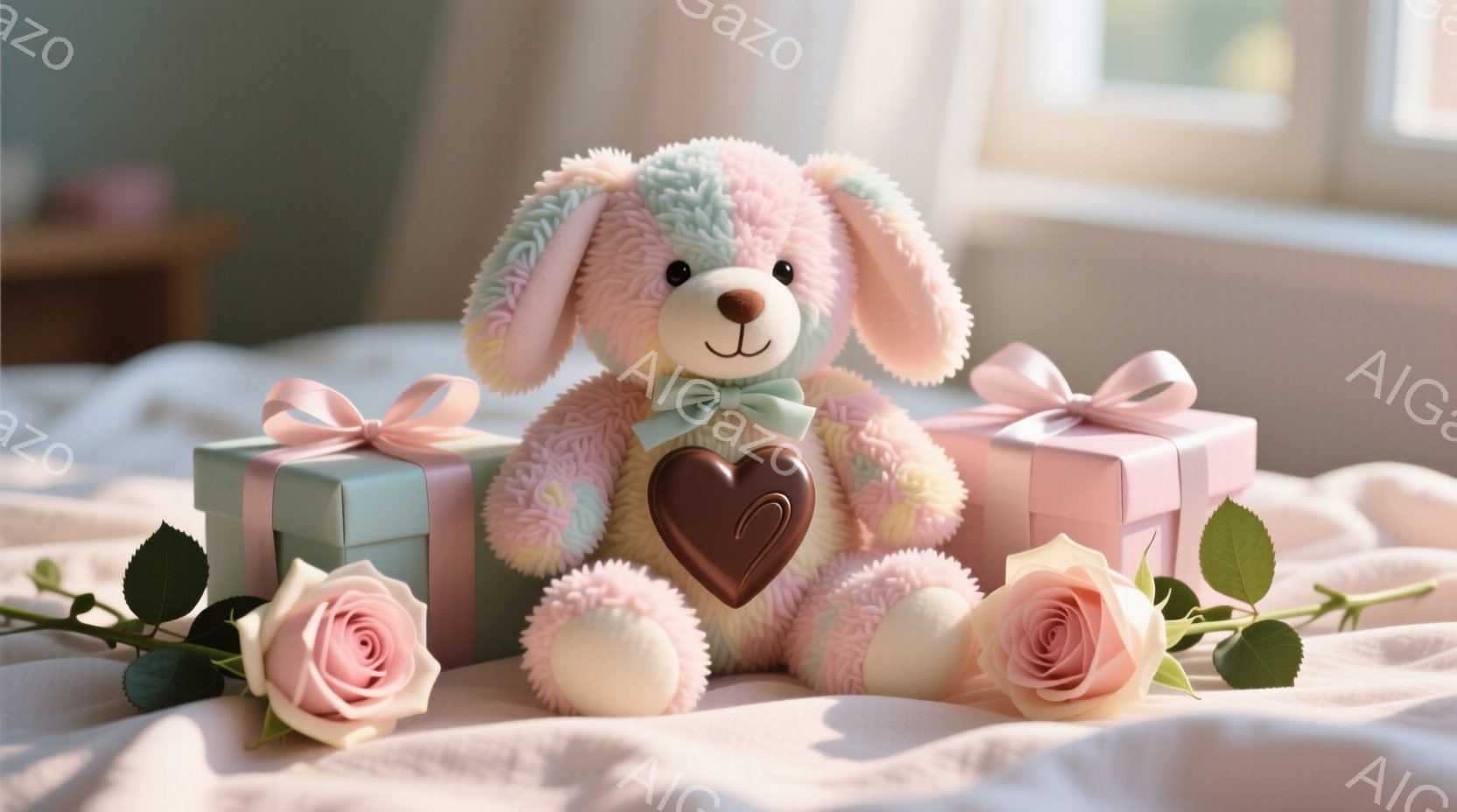 ふわふわのパステルカラーのウサギのぬいぐるみは、大きな茶色のハート型のチョコレートを抱えています。プレゼントの箱が2つ隣に置かれ、ピンク色のバラが数輪、ぬいぐるみの周りを飾っています。背景はぼかされており、柔らかい光が差し込み、暖かく、愛情深い雰囲気を醸し出しています。