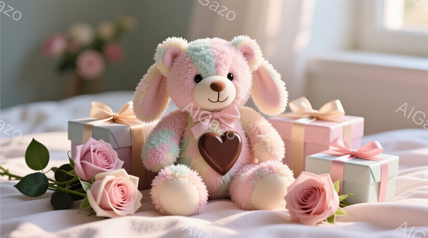 ふわふわのピンクと水色の毛並みのテディベアが、チョコレート色のハートのチャームをつけたリボンで飾られています。ベアはプレゼントボックスの山の上に座っており、その周りにはピンク色のバラが添えられています。背景はぼやけており、柔らかな光が差し込んでおり、全体的に甘くロマンチックな雰囲気を醸し出しています。