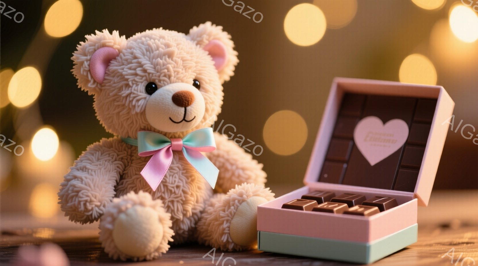 ふわふわのクリーム色のテディベアが、明るいピンク色のリボンをつけて座っています。その横には、チョコレートが並んだ開いた緑色の箱があり、箱の蓋にはハート型のラベルが貼られています。背景はぼやけた光のぼか - AI生成フリー素材