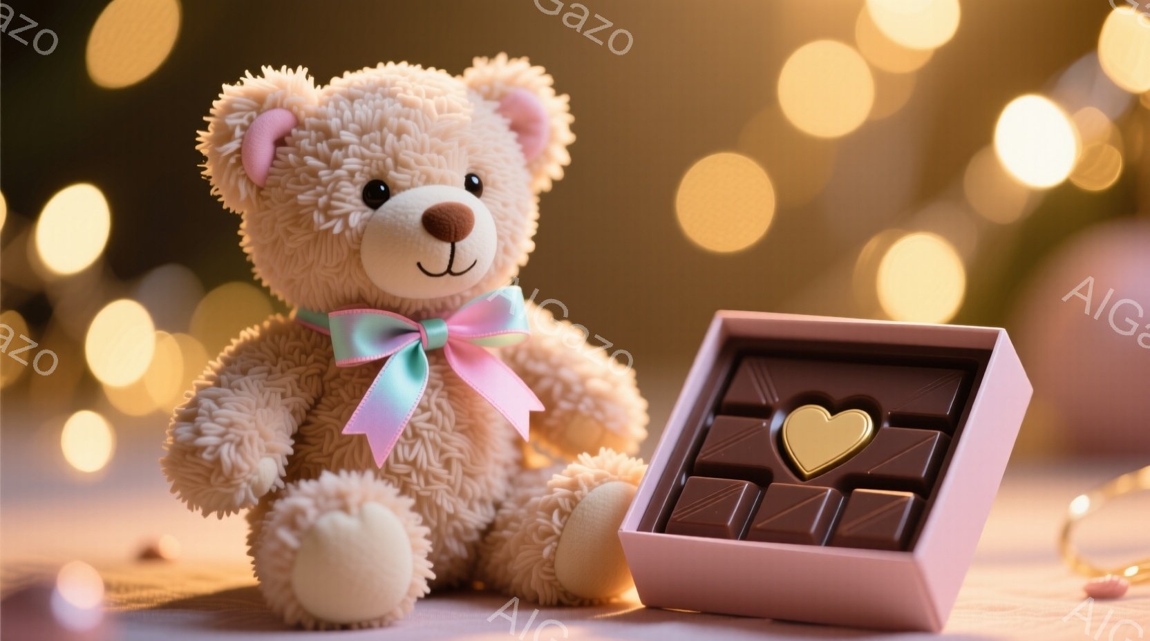 ふわふわのベージュ色のテディベアが、ピンク色のリボンをつけて座っています。テディベアの表情は穏やかで、可愛らしいです。背景にはぼやけた光の粒子があり、ピンク色のチョコレートが並んだ箱が隣に置かれていま - AI生成フリー素材