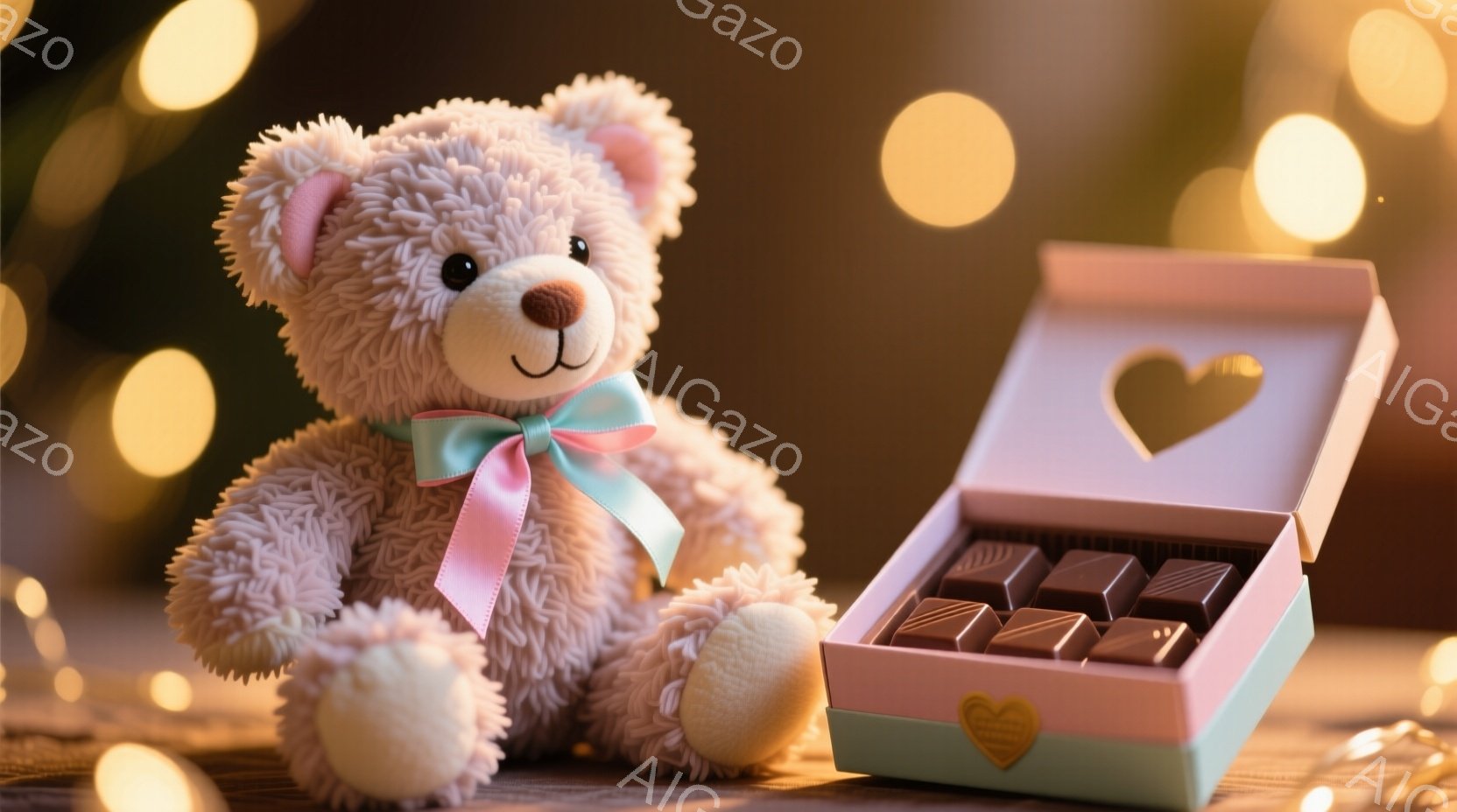 ふわふわのベージュ色のテディベアが、水色のリボンをつけて座っています。その隣には、ピンクと水色の箱の中にチョコレートが並んでおり、箱にはハートの模様が描かれています。背景にはぼやけた光の玉が散りばめら - AI生成フリー素材