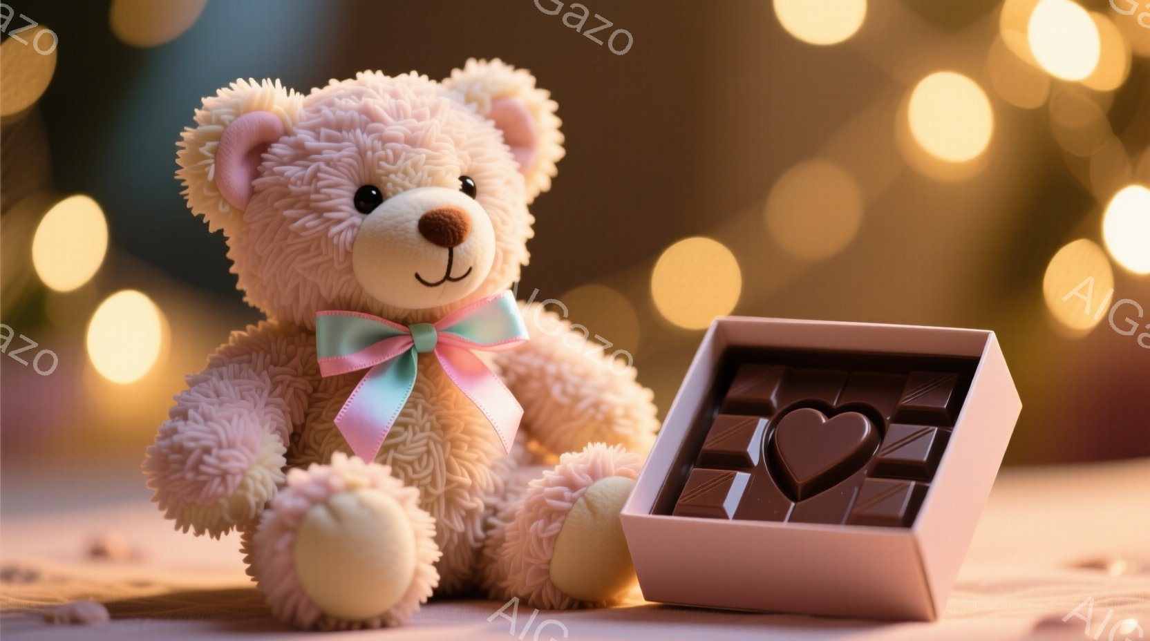 ふわふわのクリーム色のテディベアが、ピンク色のリボンをつけて座っています。その隣には、ハート型のチョコレートが入った、ピンク色の箱が開いて置かれています。背景はぼやけた光のぼかしで、温かくロマンチック - AI生成フリー素材