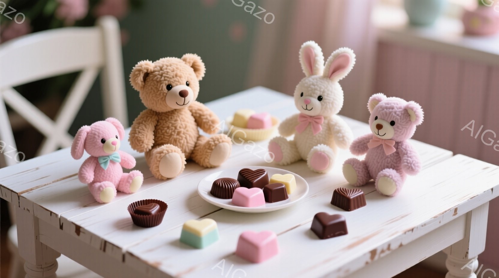白い木製のテーブルの上に、可愛らしいぬいぐるみたちが並べられています。茶色のクマ、ピンクのウサギ、そしてもう一つのピンクのクマが、ハート型のチョコレートやキャンディーに囲まれています。背景はぼやけており、春らしい柔らかな雰囲気で、イースターのお祝いを思わせる様子です。