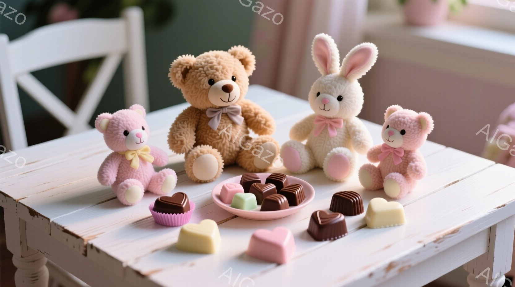 白い木製のテーブルの上に、ピンクと茶色のテディベアと、ピンクのうさぎのぬいぐるみ、そして様々な色のチョコレートが置かれています。ぬいぐるみたちは皆、可愛らしいリボンを首に巻いており、チョコレートはハート型や正方形など、様々な形をしています。背景には、ぼんやりと椅子や植物が見え、全体的に暖かく、甘い雰囲気を醸し出しています。