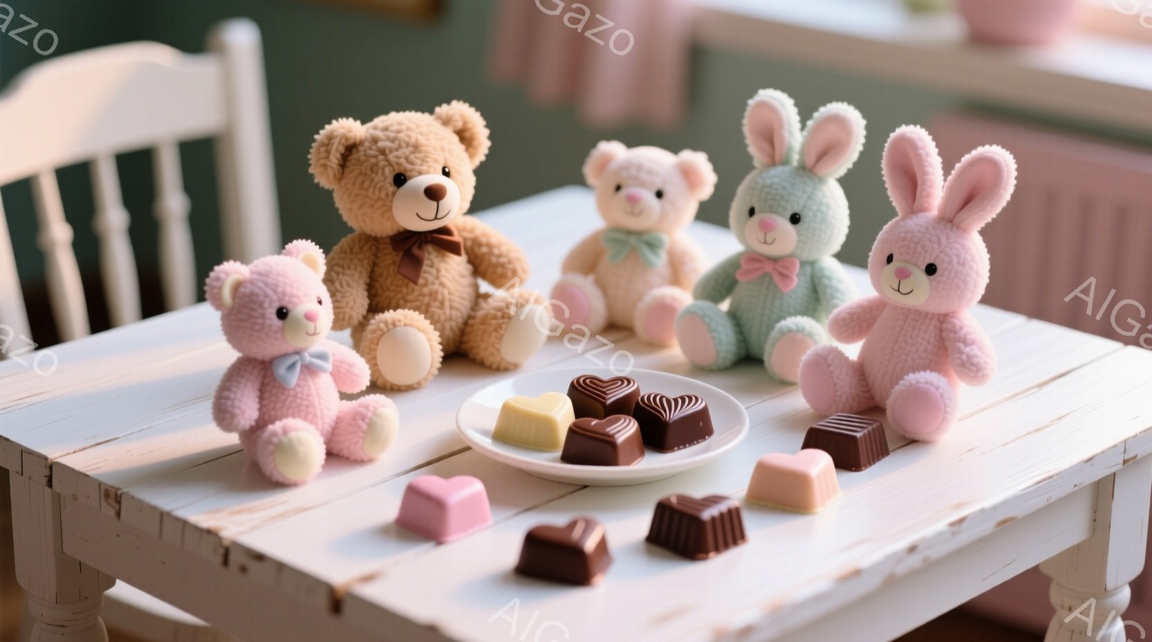白い木製のテーブルの上に、ピンク、茶色、水色のテディベアとウサギのぬいぐるみが並んでいます。それぞれのぬいぐるみは可愛らしい表情で、テーブルの中央にはチョコレートが盛り付けられたお皿が置かれています。背景はぼかされており、暖かく、甘い雰囲気が漂っています。