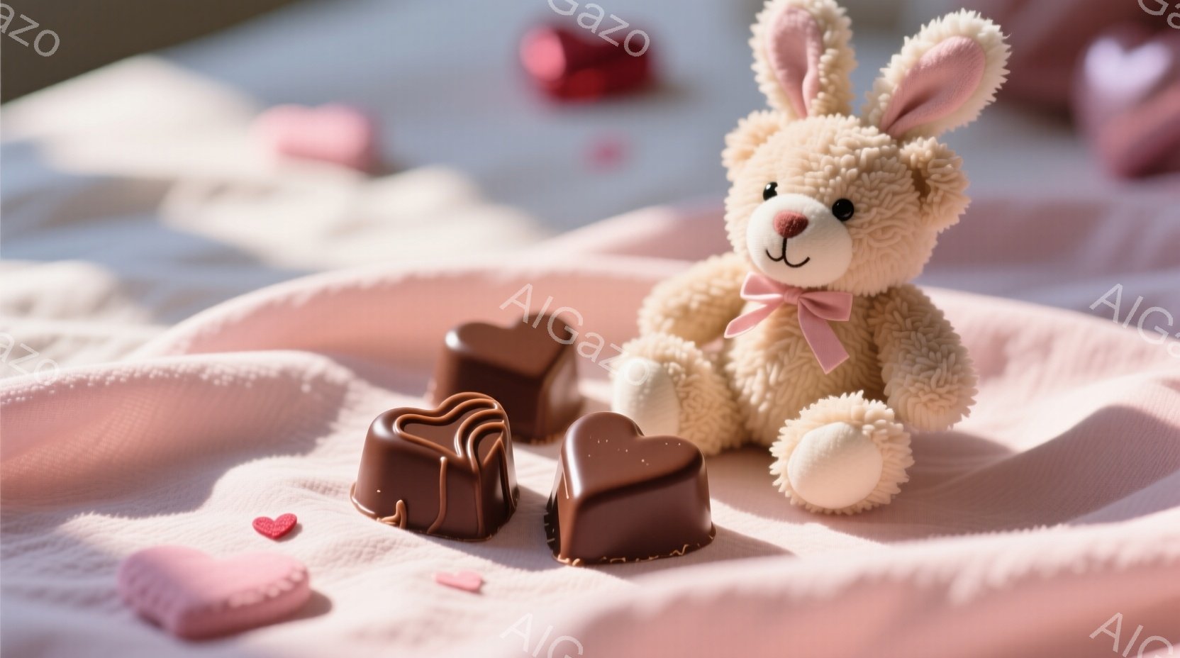 ふわふわのクリーム色のウサギのぬいぐるみは、ピンクのリボンをつけており、優しい表情をしています。チョコレートのハート型のお菓子が数個、ピンク色の布の上に散らばっており、背景にはぼんやりと他のハートが見 - AI生成フリー素材