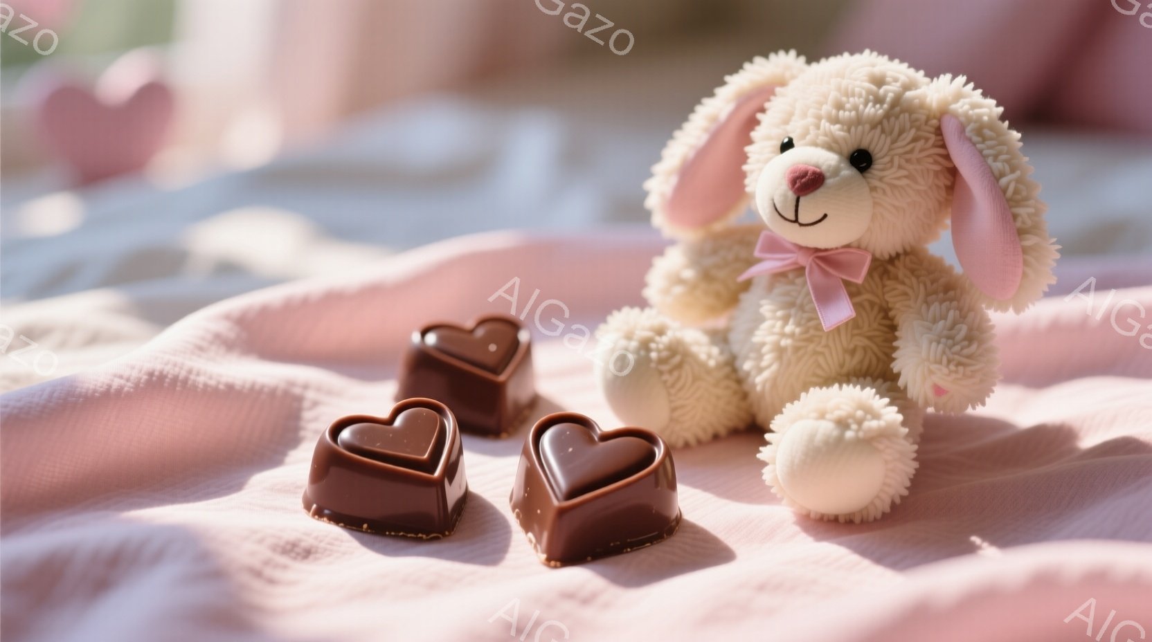 ふわふわのクリーム色のウサギのぬいぐるみと、チョコレートのハートがピンク色の布の上に並んでいます。ウサギのぬいぐるみはピンクのリボンをつけており、可愛らしい表情をしています。背景はぼやけており、全体的 - AI生成フリー素材