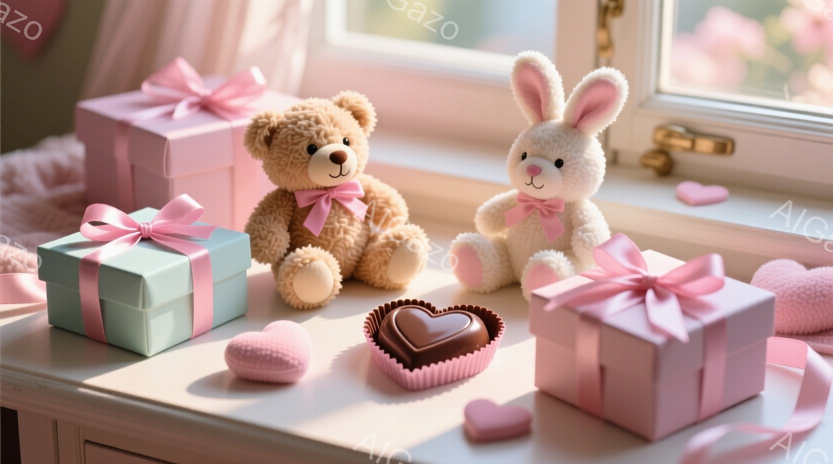 白い棚の上に、ふわふわのテディベアとウサギのぬいぐるみ、そしてカラフルなプレゼントボックスとチョコレートが置かれています。テディベアは明るい茶色で、ピンクのリボンをつけており、ウサギのぬいぐるみは白く - AI生成フリー素材