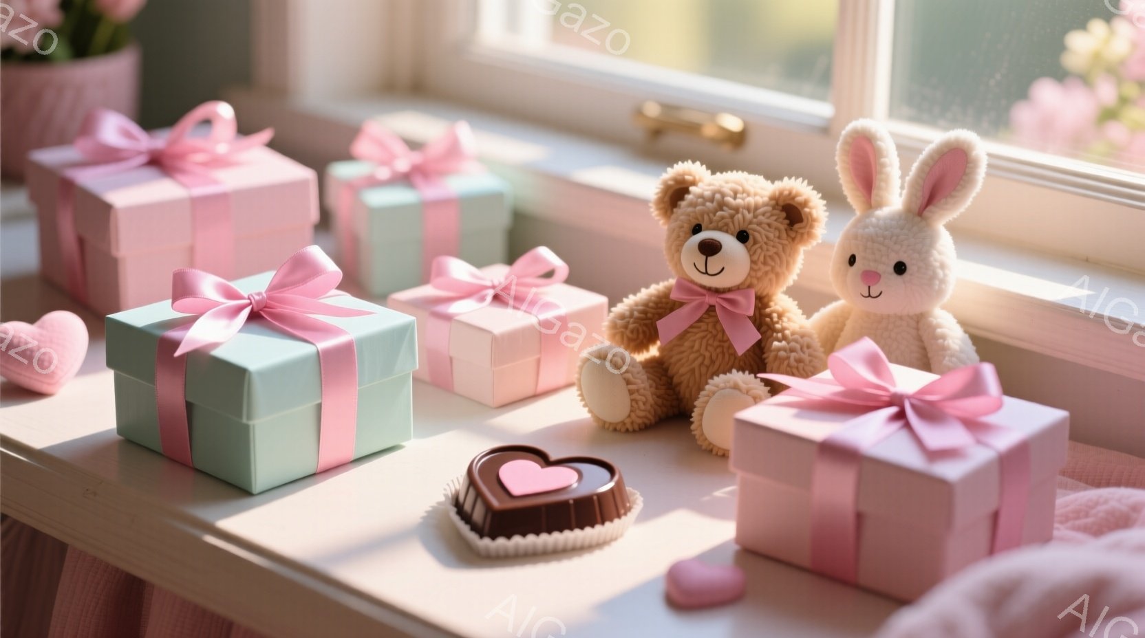 白い棚の上に、ピンクと水色のリボンで飾られたプレゼントボックスが並べられています。その間には、チョコレートのハート型と可愛らしいテディベア、ウサギのぬいぐるみが置かれています。明るい窓からの光が差し込 - AI生成フリー素材