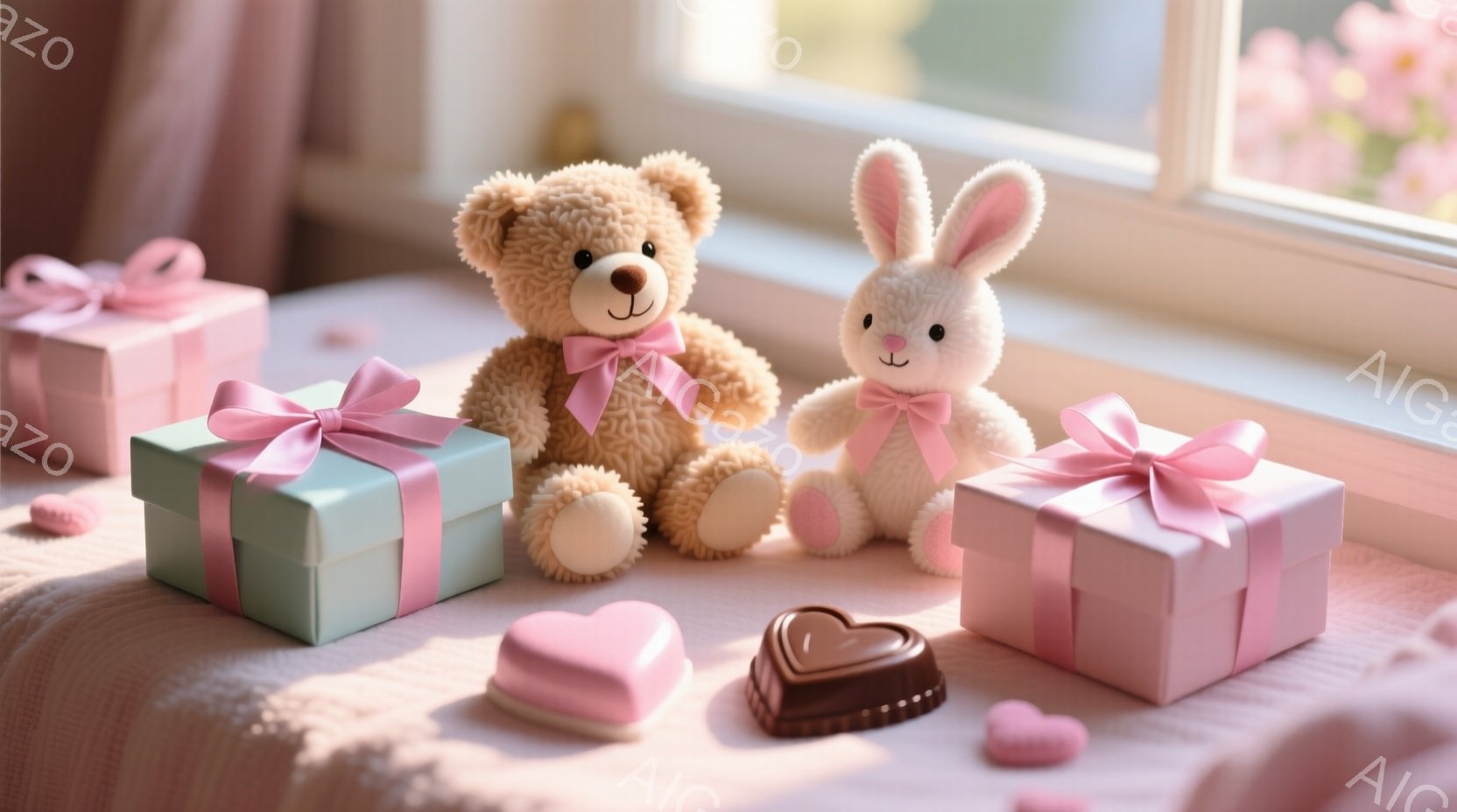ふわふわのテディベアとウサギのぬいぐるみが、ピンクのリボンで飾られたプレゼントボックスと一緒に、柔らかいピンク色の布の上に座っています。チョコレートのハート型のお菓子がいくつか散らばっており、背景には - AI生成フリー素材