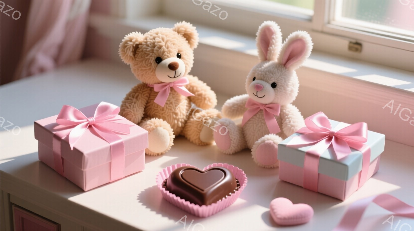 白い棚の上に、ふわふわのテディベアとウサギのぬいぐるみが座っており、それぞれピンクのリボンをつけています。その前には、ピンクと水色のギフトボックス、そしてチョコレートのハート型の菓子が置かれています。 - AI生成フリー素材