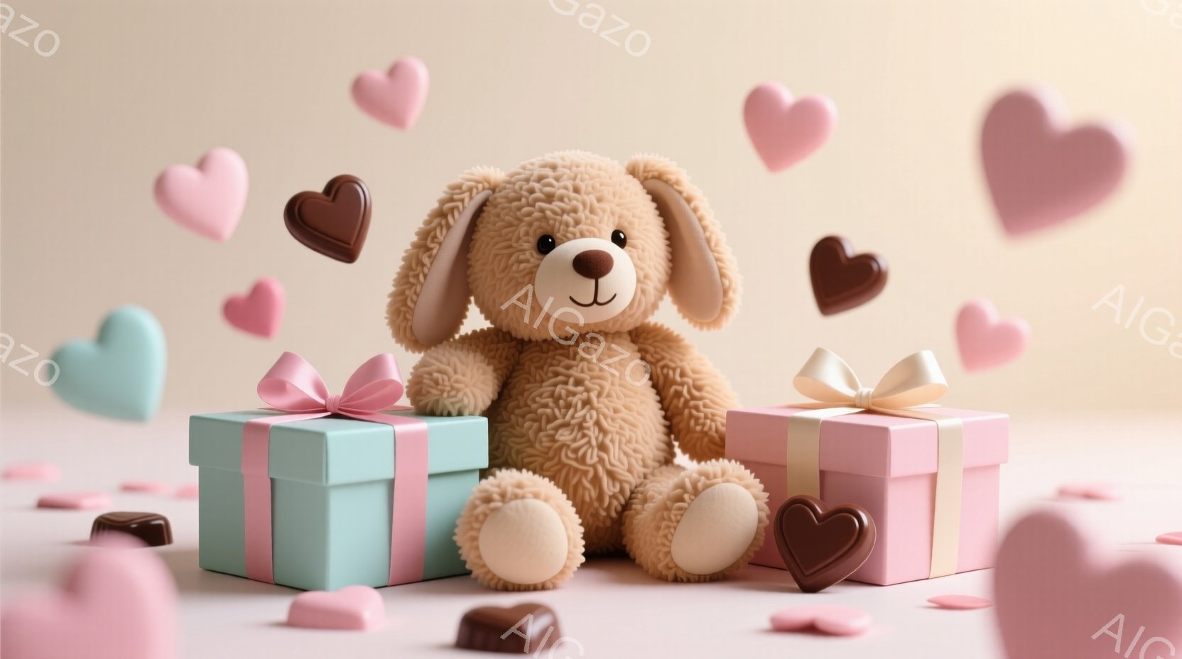 ふわふわの茶色のテディベアが、水色のリボンとピンクのリボンのかかったプレゼントボックスの間に座っています。周囲にはチョコレートやハート型のキャンディーが散らばり、背景は淡いピンク色で、全体的に甘く優しい雰囲気です。テディベアは愛らしい表情をしており、バレンタインや誕生日などのギフトシーンにぴったりな、暖かく幸せなイメージを伝えています。