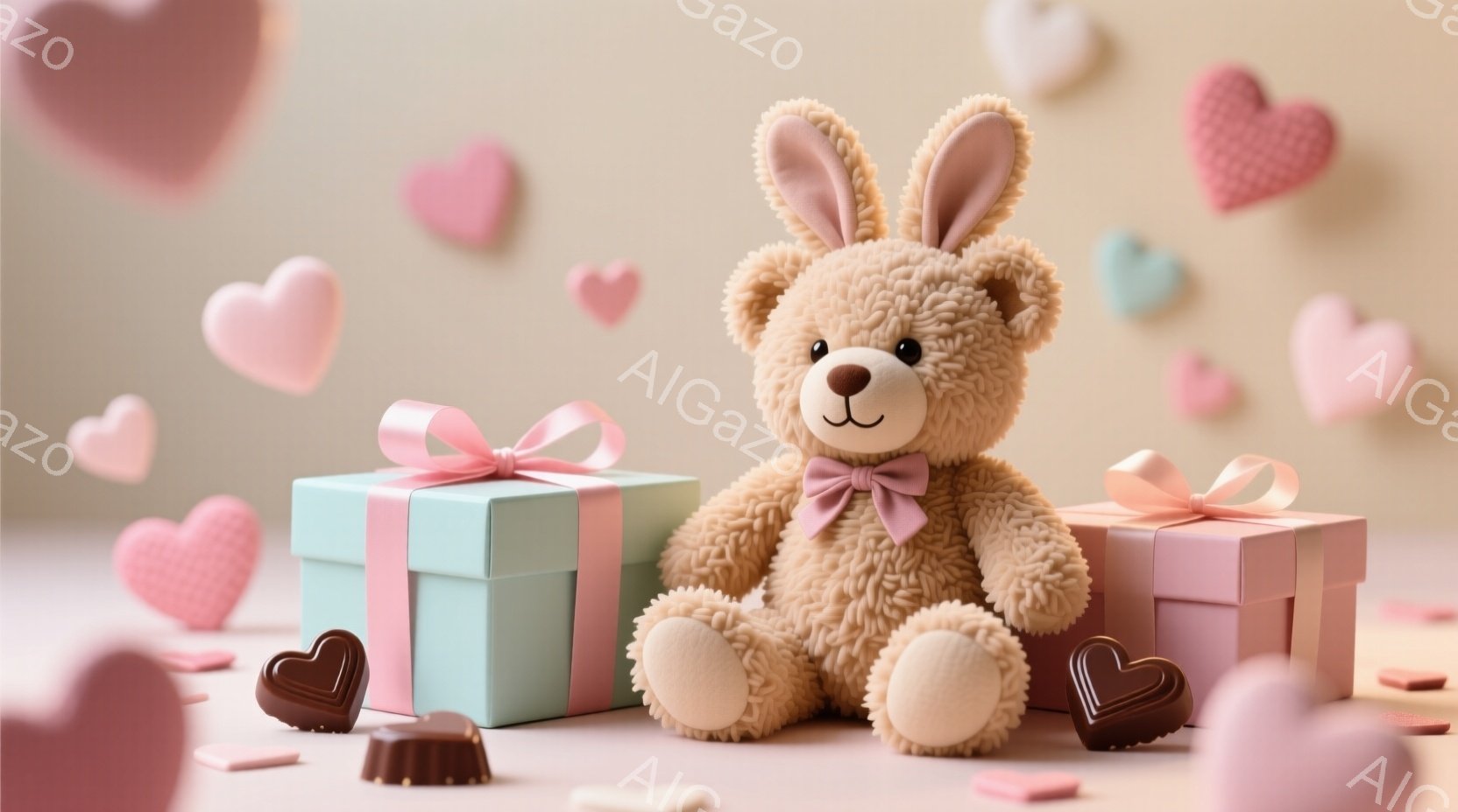 柔らかい茶色のテディベアが、水色とピンクの包装紙で飾られたプレゼントボックスの間に座っています。ベアは小さなピンク色のリボンを首に巻いており、愛らしい表情をしています。背景には、チョコレートの形をした - AI生成フリー素材