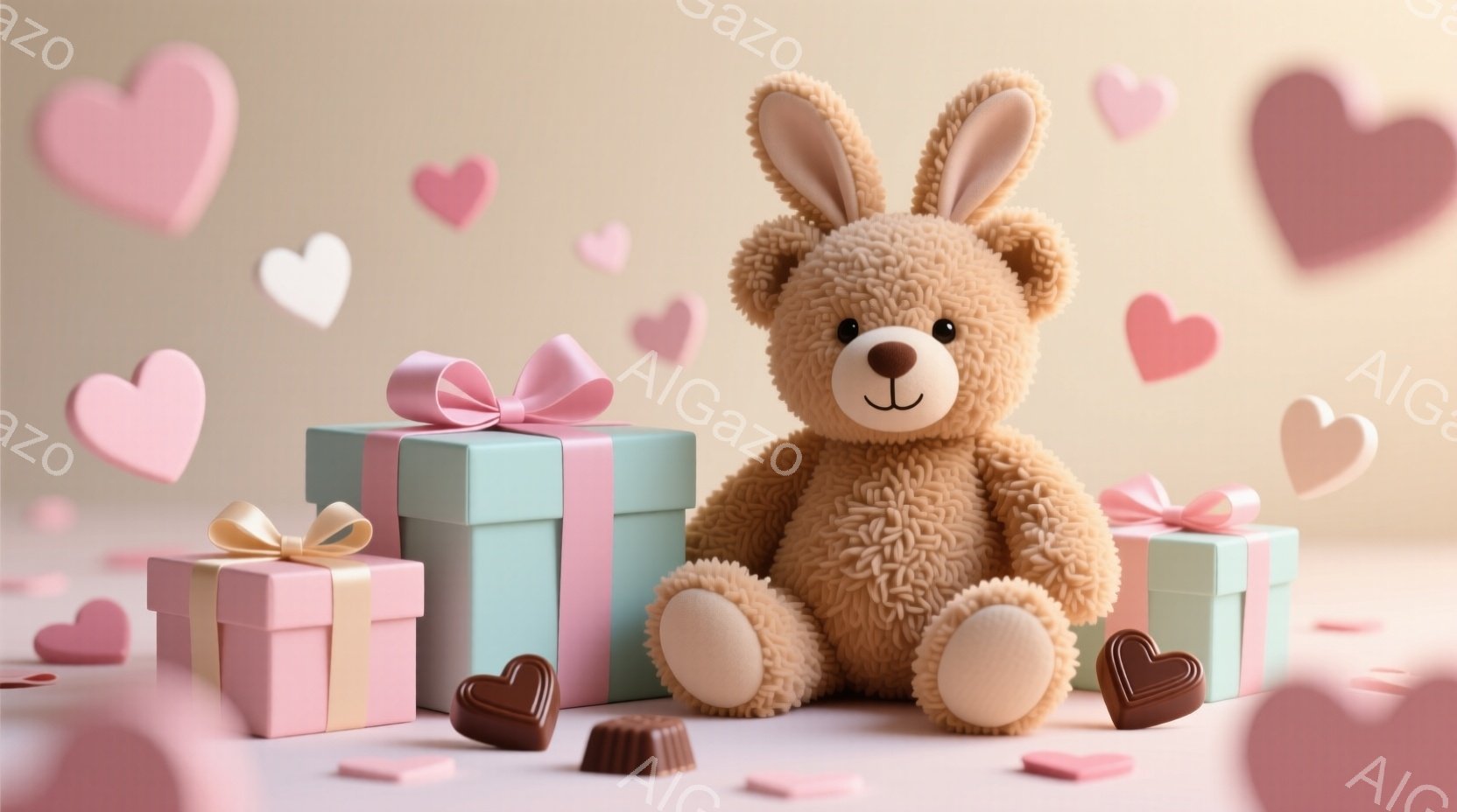 ふわふわの茶色のテディベアが、ピンクと水色のプレゼントボックスに囲まれて座っています。背景には、ハート型の紙吹雪とチョコレートが散らばり、ロマンチックで優しい雰囲気を醸し出しています。全体的に、バレン - AI生成フリー素材