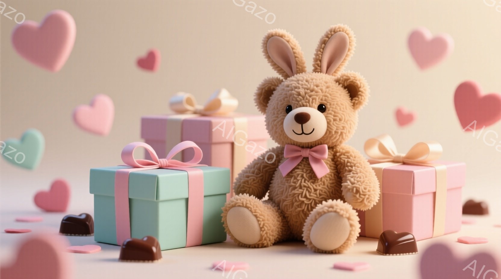 柔らかい茶色のテディベアが、水色とピンクのプレゼント箱に囲まれて座っています。ベアは小さなピンクのリボンをつけており、穏やかで優しい表情をしています。背景は淡い色調で、ハートとチョコレートのお菓子が散 - AI生成フリー素材