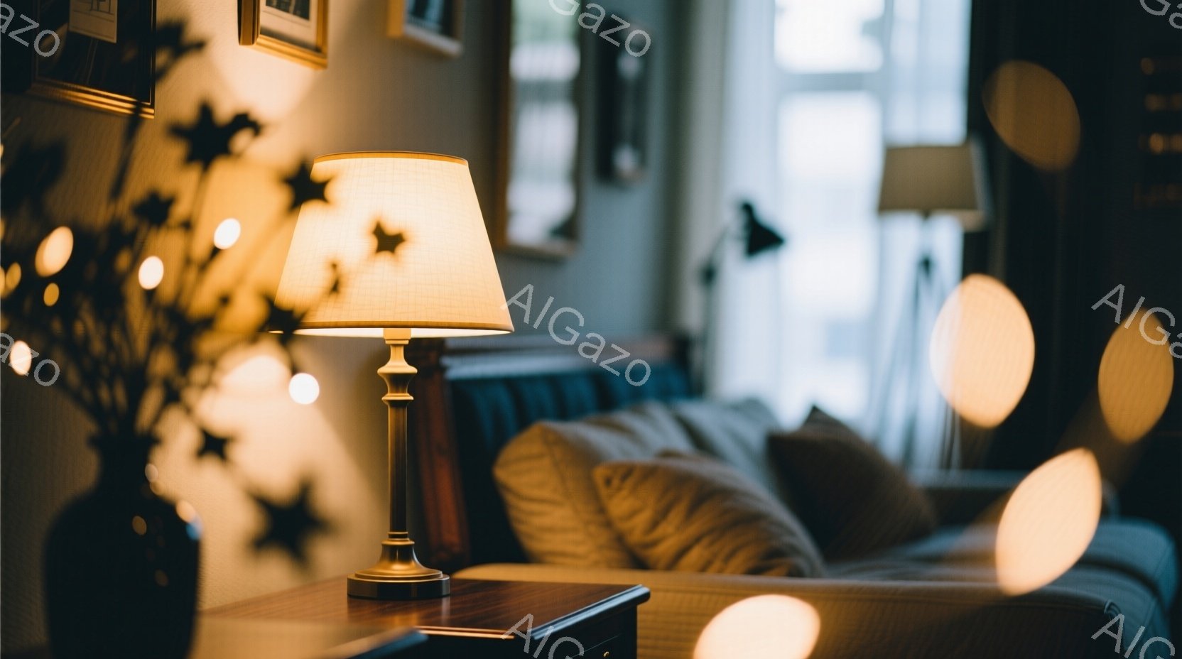 室内には、柔らかい光を放つテーブルランプと、背の高い背もたれを持つソファが見える。背景には、暗い色の壁に星形の装飾が施され、暖かく、居心地の良い雰囲気を醸し出している。ぼかしが効いているため、全体的に夢幻的で、リラックスした空間が表現されている。