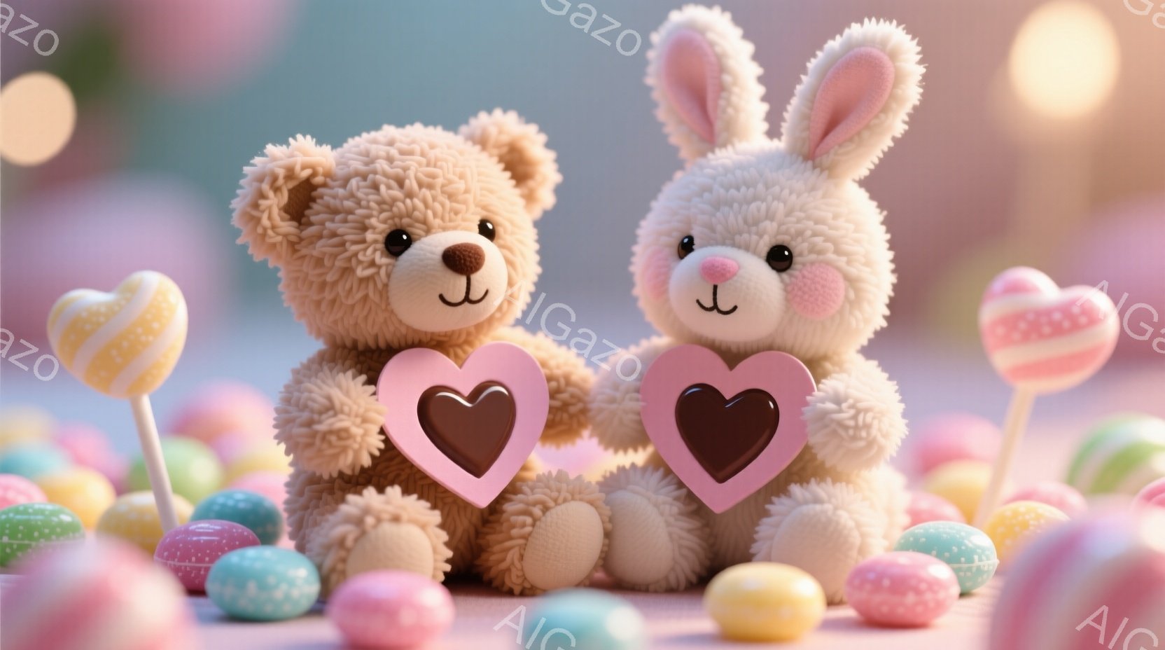 ふわふわのテディベアとウサギのぬいぐるみは、ピンク色のハート型のプレートをそれぞれ持っています。背景にはパステルカラーのイースターエッグやキャンディが散りばめられており、春らしい優しい雰囲気を醸し出しています。全体的に柔らかい色合いで、可愛らしく暖かな印象を与える画像です。