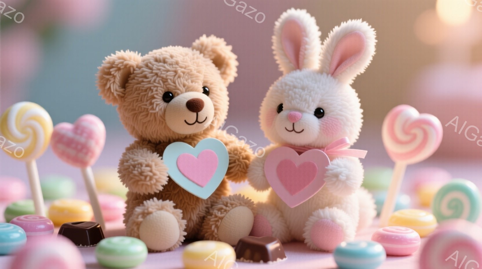 ふわふわのテディベアとウサギのぬいぐるみは、それぞれピンク色のハートのプレートを持っています。背景には、カラフルなキャンディーやチョコレートが散りばめられており、甘くて優しい雰囲気を醸し出しています。全体的にパステルカラーで柔らかい光が差し込み、ロマンチックで可愛らしい印象を与えます。