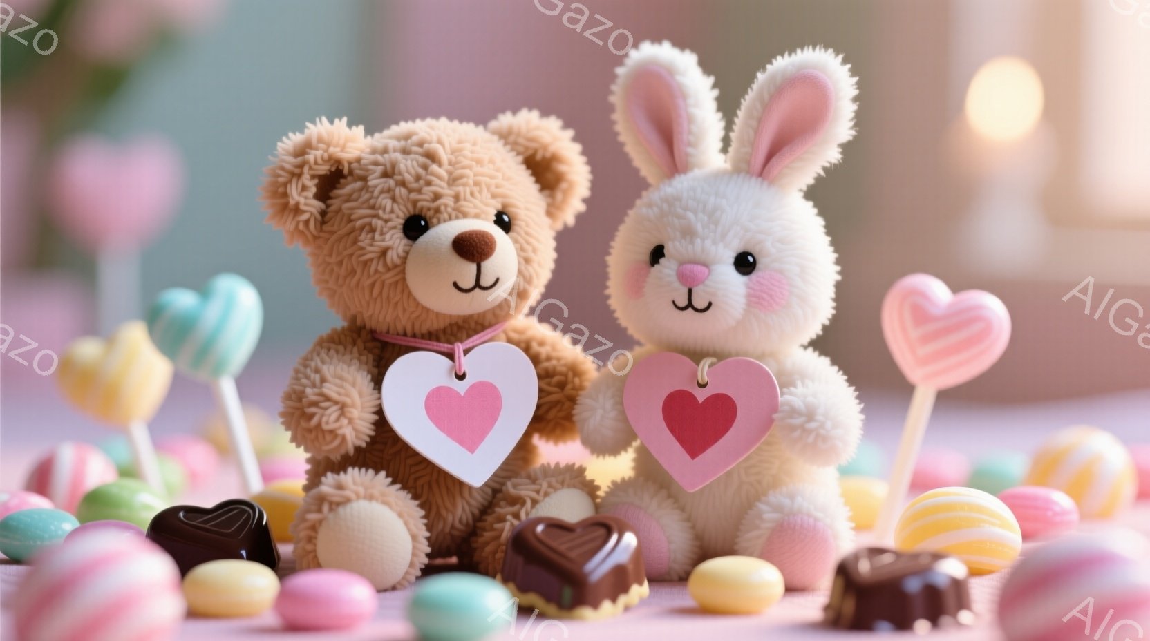 ふわふわのテディベアとウサギのぬいぐるみは、ピンク色のハート型のチャームをそれぞれ持っています。背景にはパステルカラーのキャンディーやチョコレートが散りばめられており、春らしい、甘くて優しい雰囲気を醸し出しています。全体的に明るく、お祝いムードが漂う、可愛らしいイメージです。