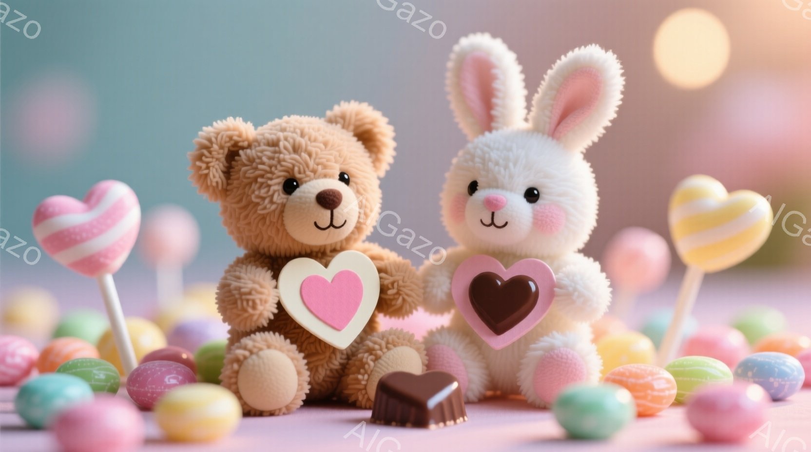 茶色いテディベアと白いウサギのぬいぐるみは、それぞれピンクと茶色のハート型のプレートを持っています。二つのぬいぐるみはピンク色の背景に、カラフルなイースターエッグやキャンディが散りばめられた中で寄り添い、甘くて幸せな雰囲気を醸し出しています。背景はぼかされており、光が柔らかく差し込み、お祝いのムードを強調しています。