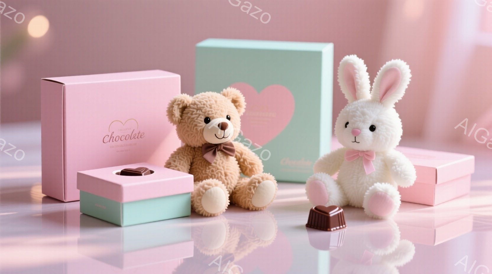 柔らかいピンク色の背景に、テディベアとウサギのぬいぐるみのおもちゃが並んでいます。それぞれのぬいぐるみは、チョコレートの箱の横に座り、箱の中にはチョコレートが一つずつ入っています。全体的に暖かく、甘い - AI生成フリー素材