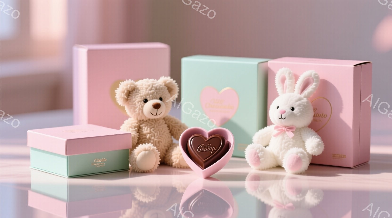 淡いピンク色の背景に、テディベアとウサギのぬいぐるみ、そしてハート型のチョコレートが置かれています。テディベアは茶色で、ウサギは白く、どちらも可愛らしい姿で箱の隣に座り、チョコレートを見つめています。 - AI生成フリー素材