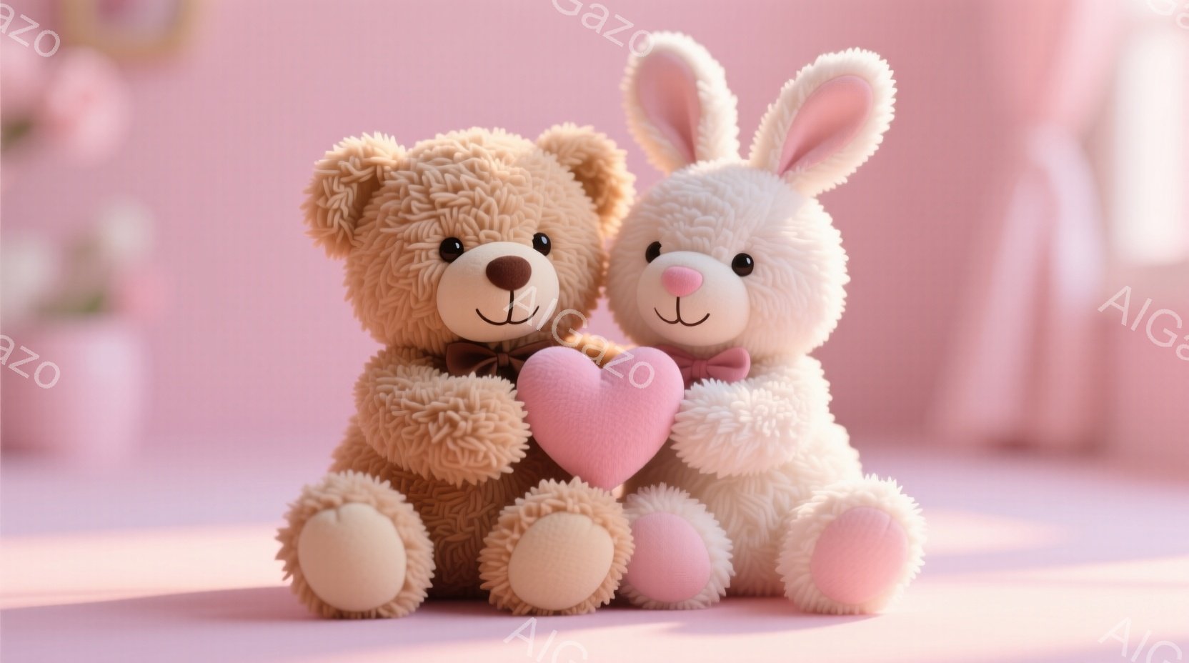 ふわふわのテディベアとウサギのぬいぐるみは、ピンク色のハート型のクッションを抱き合って座っています。どちらも小さなリボンで装飾されており、優しい表情を浮かべており、背景は淡いピンク色で柔らかい雰囲気です。全体的に温かく、愛情深いイメージを与えます。