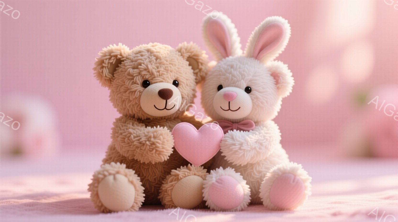 ふわふわのテディベアとウサギのぬいぐるみは、柔らかいピンク色の背景に座っています。ウサギはピンク色のハート型のクッションを抱えており、二体は寄り添って温かい雰囲気を醸し出しています。全体的に、可愛らし - AI生成フリー素材