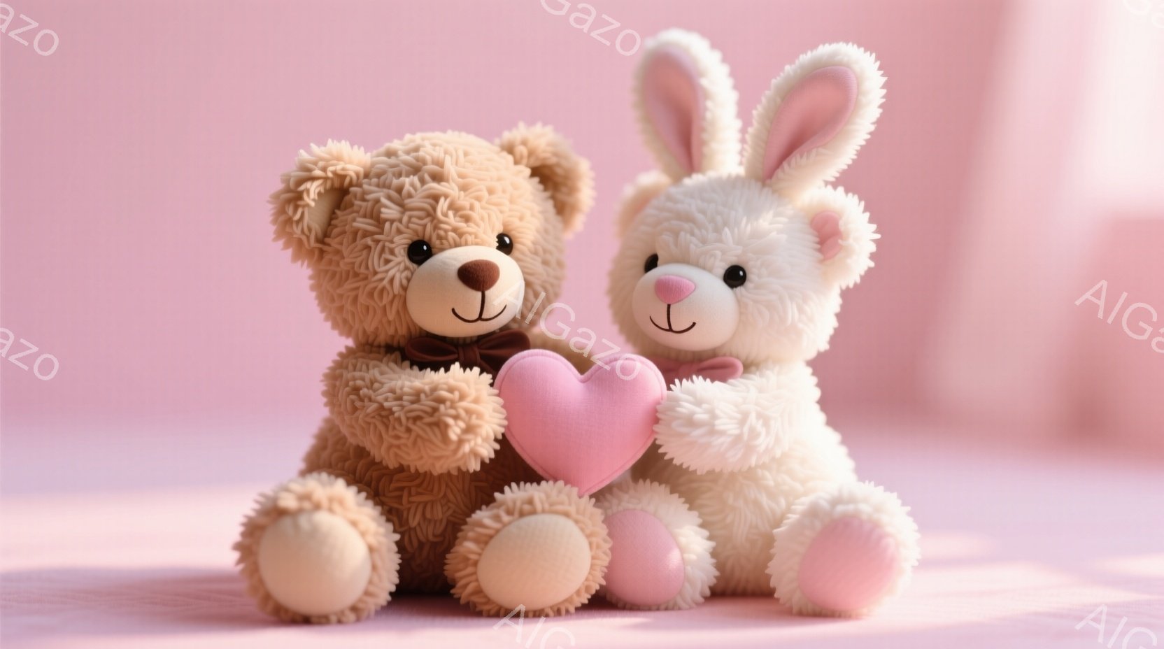 ふわふわのテディベアとウサギのぬいぐるみは、ピンク色の背景に座って、ハート型のクッションを挟んでいます。テディベアは茶色で小さな蝶ネクタイを付け、ウサギは白く、ピンク色の足を持っています。全体的に、温 - AI生成フリー素材
