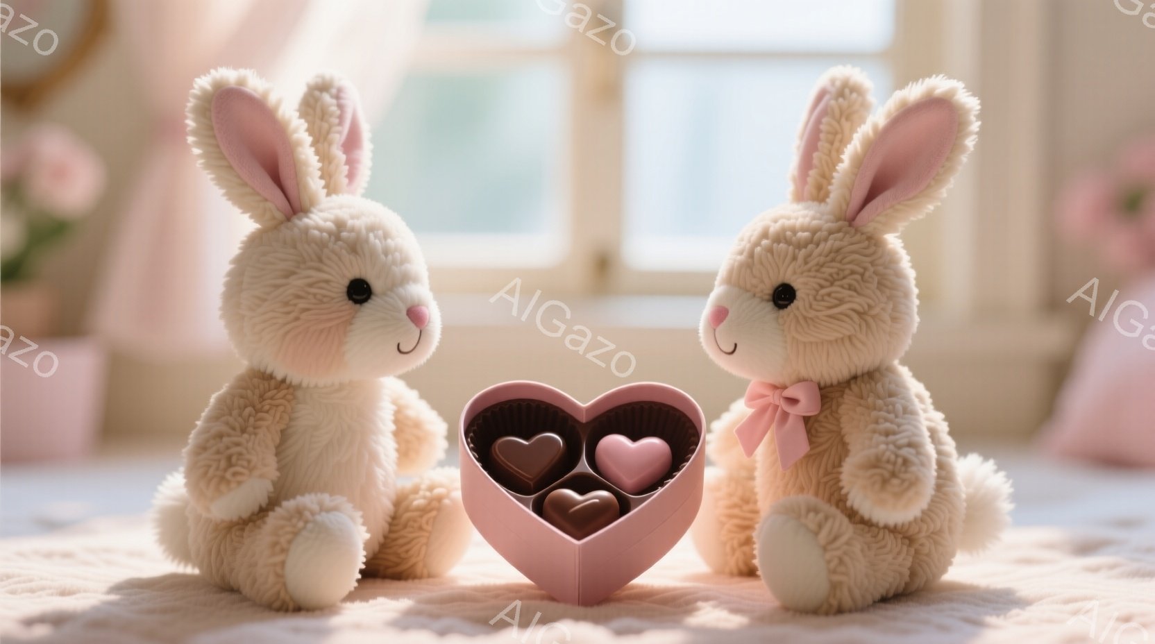 ふわふわのクリーム色のウサギのぬいぐるみ2匹が、ピンク色のハート型のチョコレートボックスを挟んで座っています。ウサギたちはリボンで結ばれており、可愛らしい表情をしています。背景はぼやけており、柔らかい光が差し込み、全体的に暖かく甘い雰囲気です。
