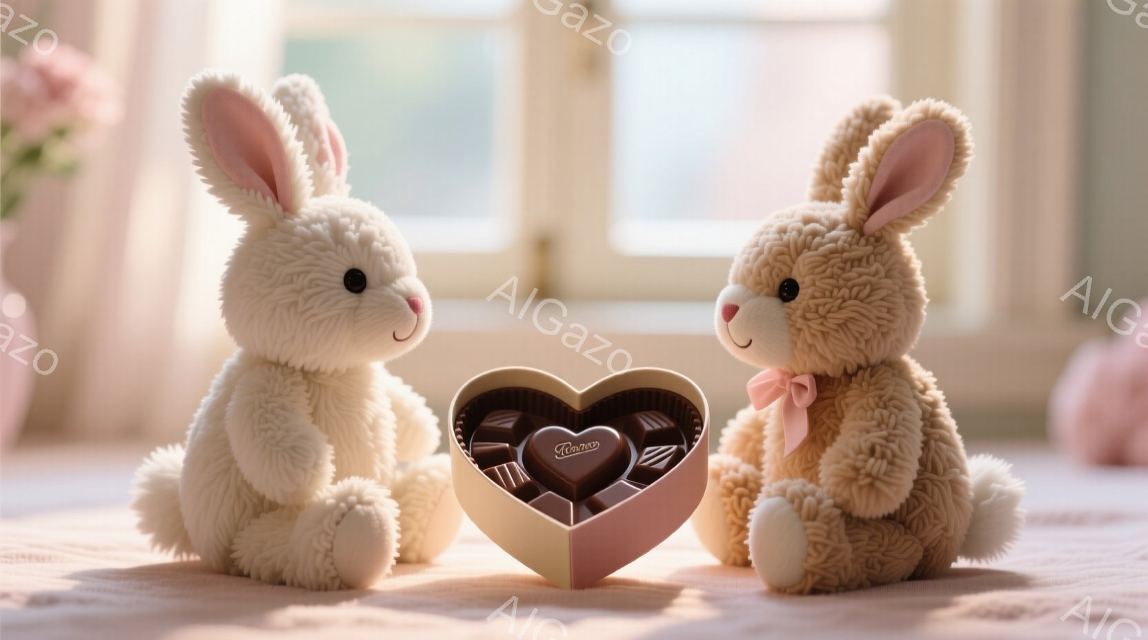 ふわふわのクリーム色のウサギのぬいぐるみと、明るい茶色のウサギのぬいぐるみが、ハート型のチョコレートの箱を挟んで並んでいます。ウサギたちは正面を見て、穏やかな表情をしています。背景はぼやけており、淡い - AI生成フリー素材