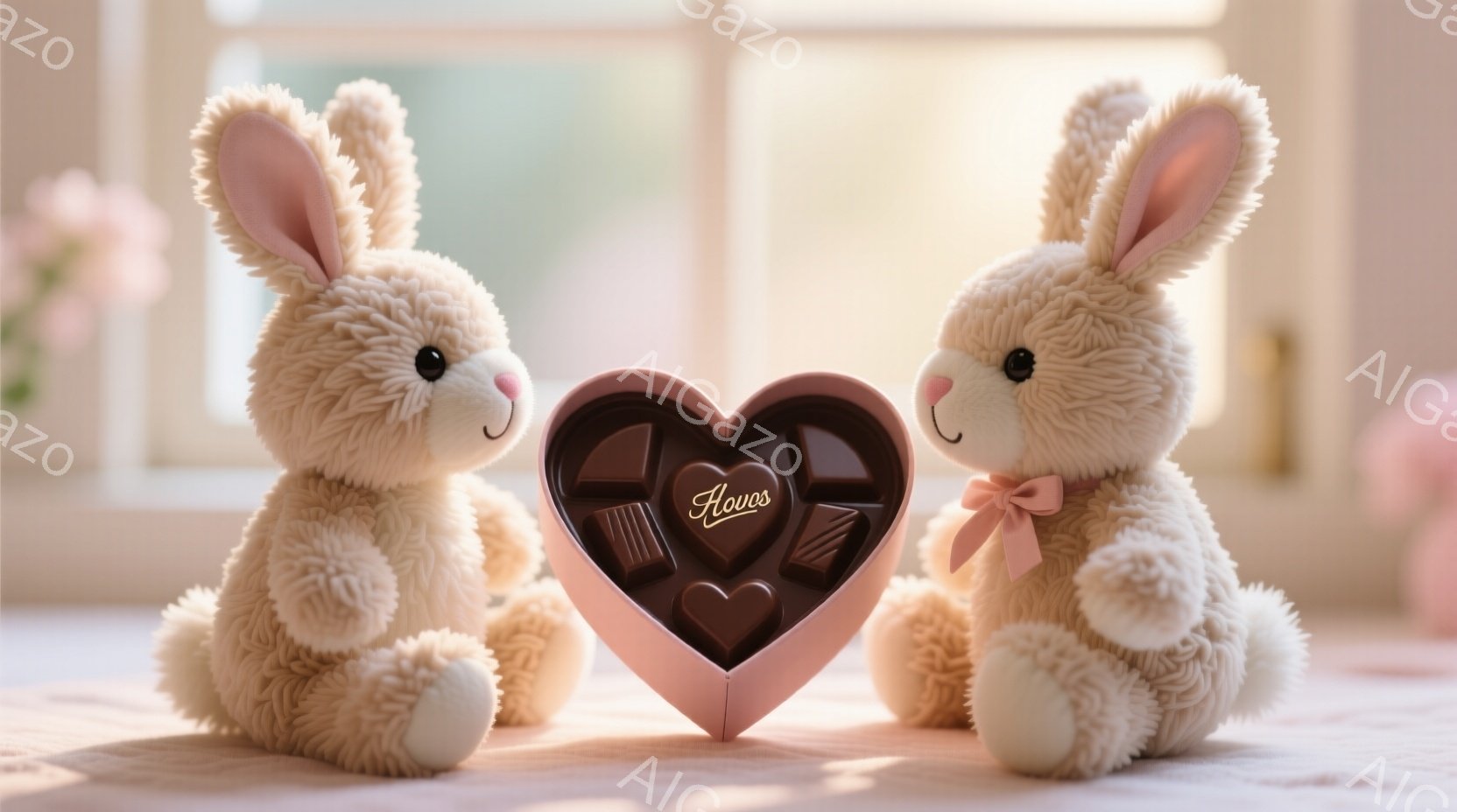 ふわふわのクリーム色のウサギのぬいぐるみ2匹が、ハート型のチョコレートの箱を挟んで座っています。ウサギたちはそれぞれピンクのリボンをつけており、愛らしい表情をしています。背景には窓枠とぼやけた花が写っ - AI生成フリー素材