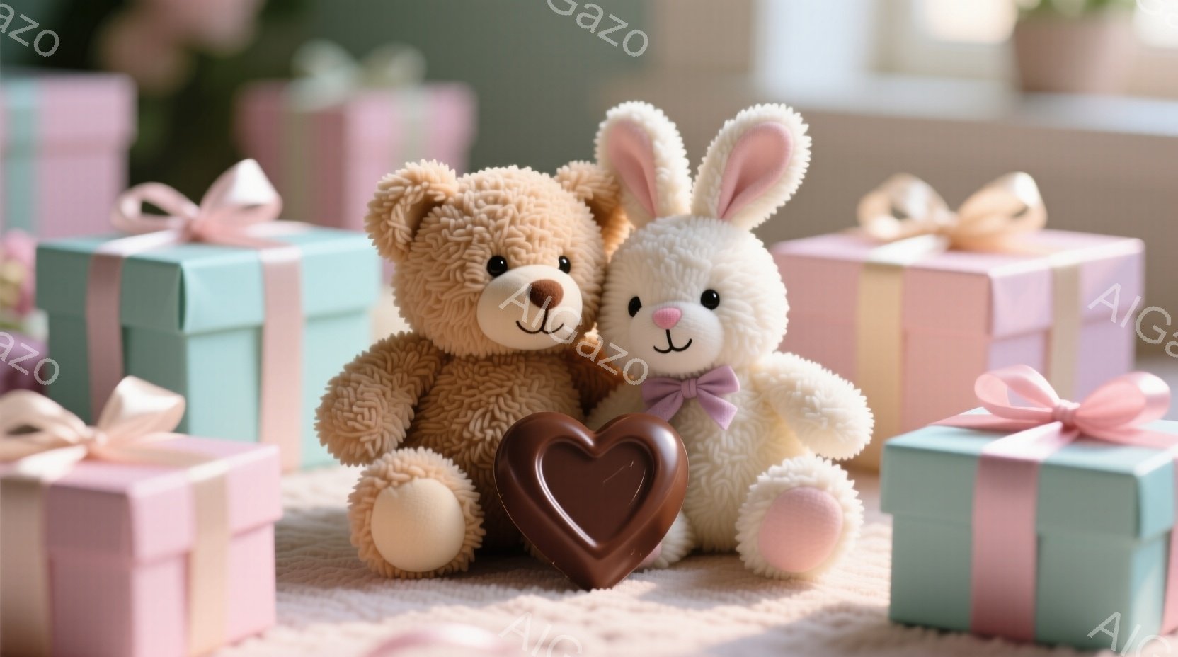 ふわふわのテディベアとウサギのぬいぐるみは寄り添って座り、正面にはチョコレートのハートが置かれています。背景にはパステルカラーのギフトボックスがいくつか配置され、柔らかい毛布の上に飾られています。全体的に暖かく、愛情深い雰囲気で、バレンタインや贈り物に合うイメージです。