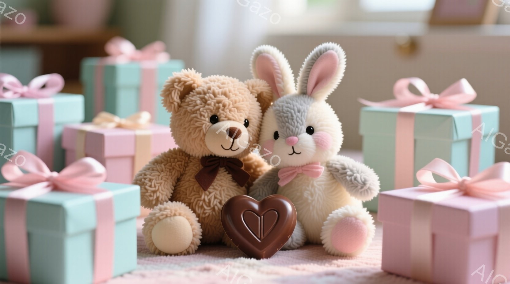 ふわふわのテディベアとウサギのぬいぐるみは、ピンクの背景に置かれたプレゼントボックスに囲まれて寄り添っています。テディベアは茶色いリボン、ウサギはピンクのリボンをつけており、その間にはチョコレートのハートが置かれています。全体的に、暖かく、甘い雰囲気で、バレンタインや誕生日などの特別な日のイメージを想起させます。
