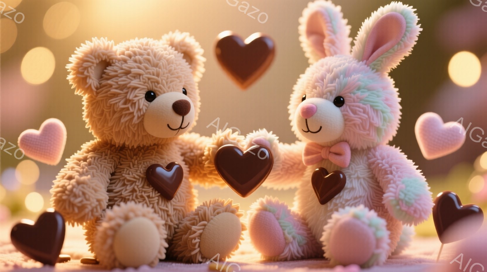 ふわふわのテディベアとウサギのぬいぐるみは、手をつないで座っており、それぞれ胸にチョコレート色のハート型の飾りを付けています。背景にはぼやけた光の玉が散りばめられ、暖かくロマンチックな雰囲気を醸し出しています。全体的に柔らかい色調で、可愛らしく優しい印象を与えます。