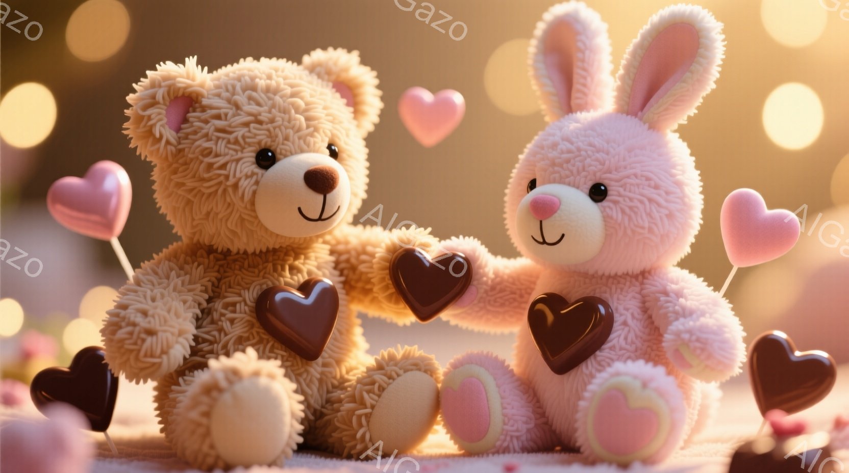 柔らかい毛並みのテディベアとウサギのぬいぐるみは、チョコレートのハート型のキャンディーを手に持っています。背景にはぼやけたピンクと白の花びらと、ハート型の風船が浮かび、ロマンチックで甘い雰囲気を醸し出しています。全体的に温かみのあるパステルカラーで、可愛らしさと幸福感が溢れる画像です。