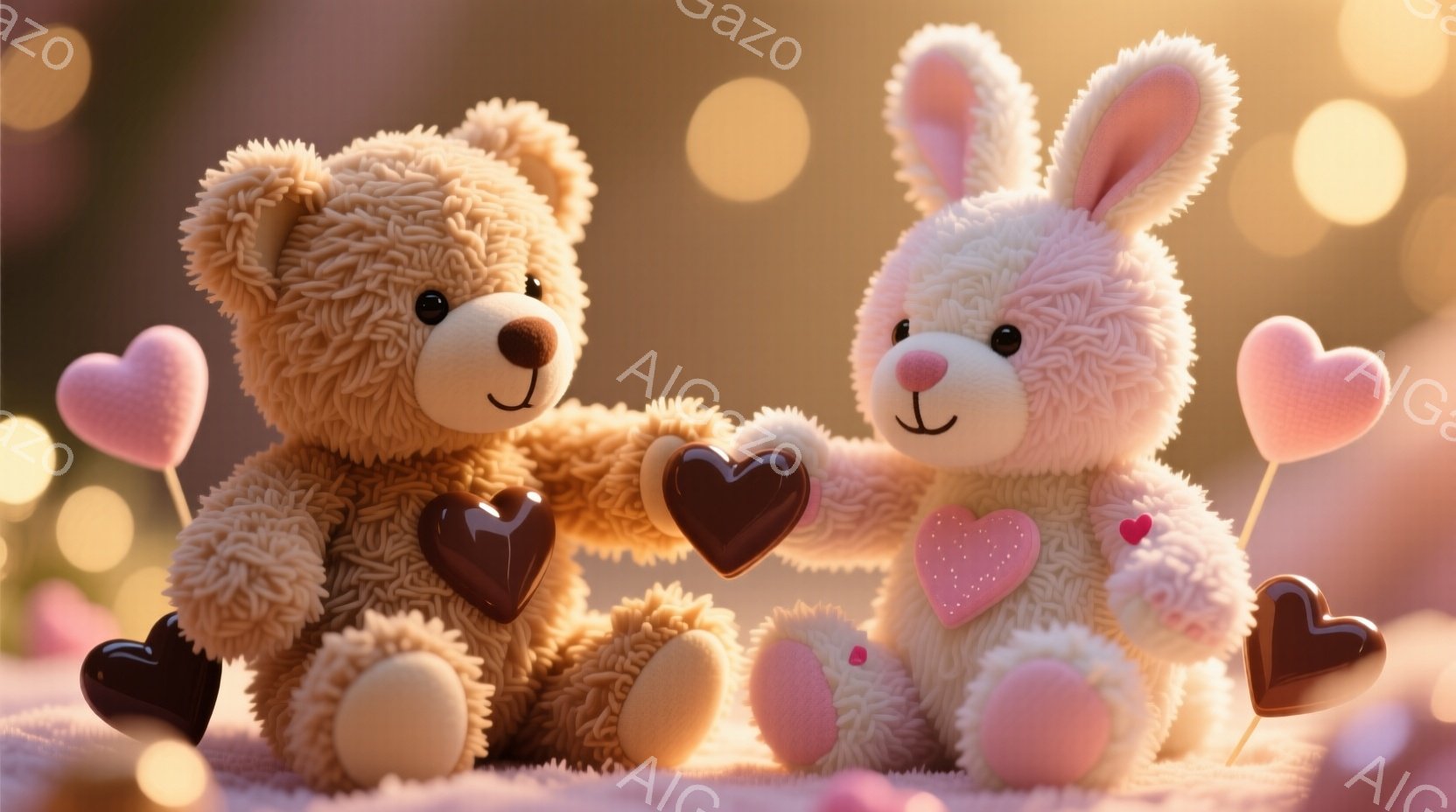 ふわふわのテディベアとウサギのぬいぐるみは、互いにハート型のチョコレートを差し出し合っています。背景はぼやけたピンクと金色の光で、ロマンチックで暖かな雰囲気を醸し出しています。両者は優しい表情で、愛情 - AI生成フリー素材