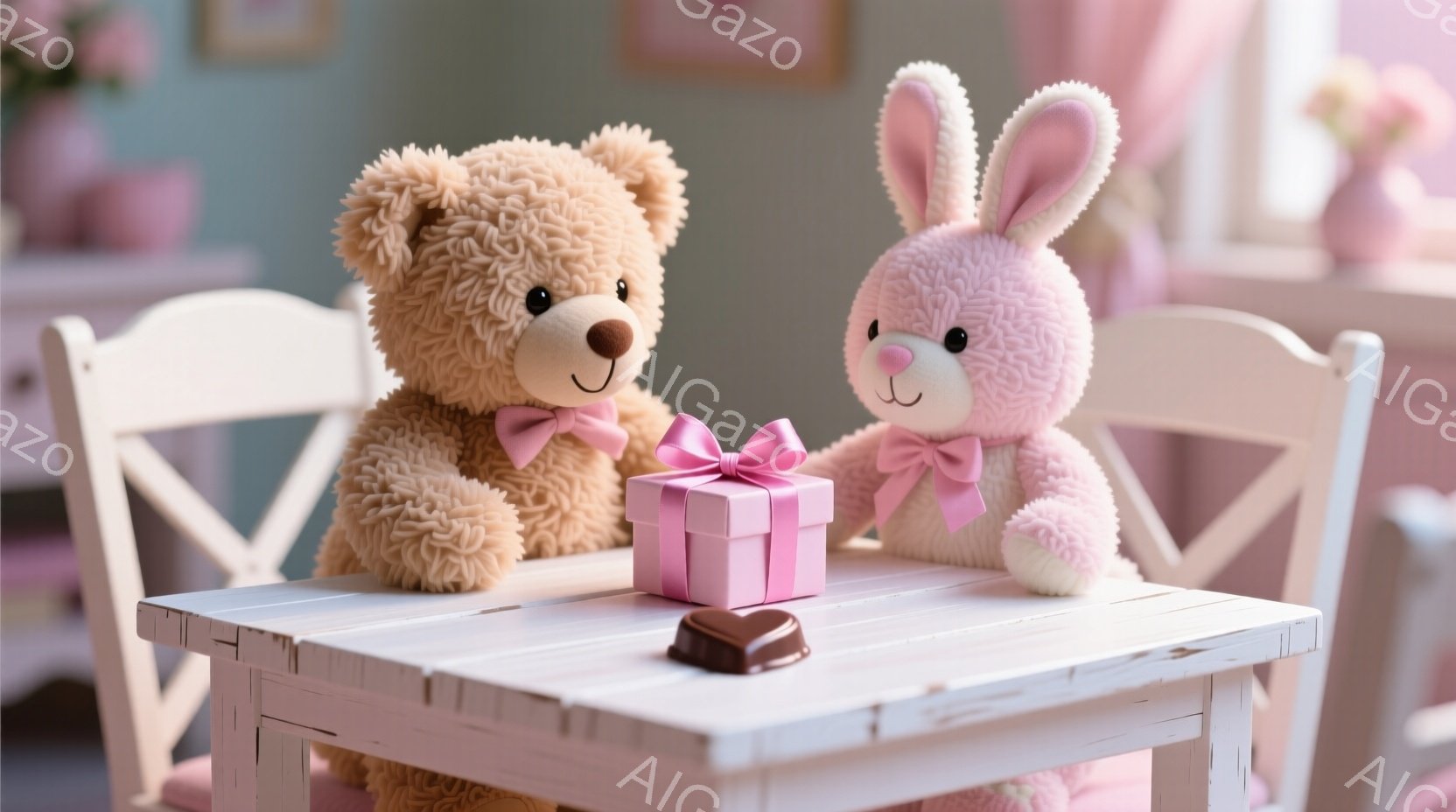 白いテーブルを挟んで、ふわふわのテディベアとピンクのウサギが座っています。テディベアはリボンを付け、ウサギはプレゼントとチョコレートの入ったテーブルを見つめています。背景は淡いピンクで、暖かく、可愛ら - AI生成フリー素材