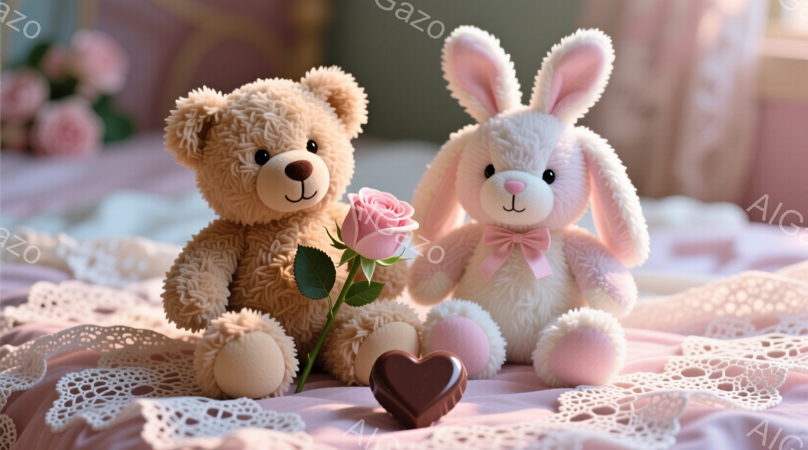 ふわふわのテディベアとウサギのぬいぐるみは、レースの敷物の上に並んで座っています。テディベアは手にピンクのバラの花を持ち、ウサギのぬいぐるみはピンクのリボンで装飾されています。背景はぼやけたピンク色で - AI生成フリー素材