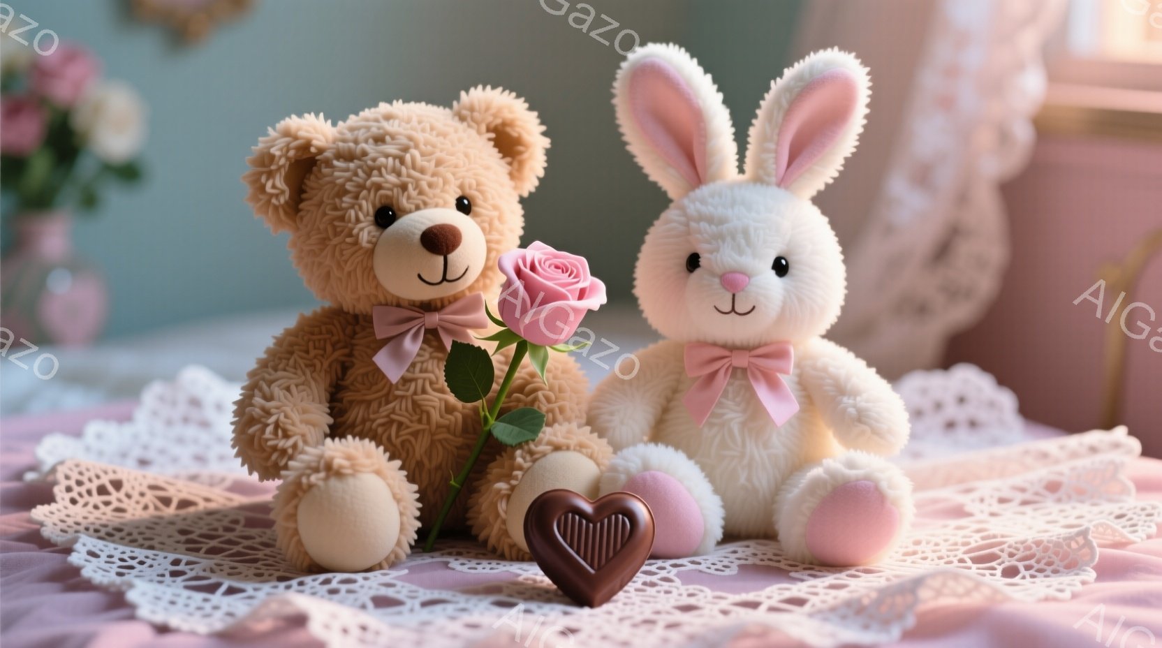 愛らしいテディベアとウサギのぬいぐるみは、レース編みの敷物の上に並んで座っています。テディベアはピンクのリボンで結ばれ、手にピンクのバラの花を持っています。ウサギも同様にピンクのリボンをつけており、ぬ - AI生成フリー素材