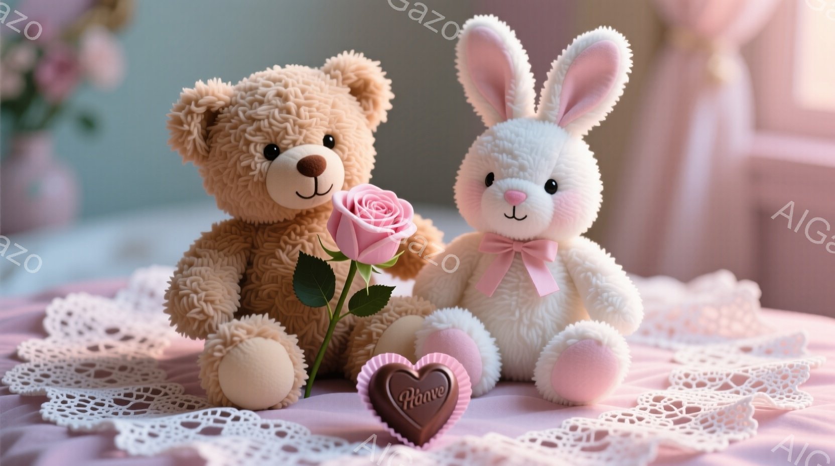 ふわふわのテディベアとウサギのぬいぐるみは、ピンク色のレースの敷物の上に並んで座っています。テディベアは赤いバラの花を抱えており、ウサギはピンクのリボンをつけています。背景はぼやけていますが、ピンク色の柔らかい光が全体を包み、ロマンチックで優しい雰囲気を醸し出しています。