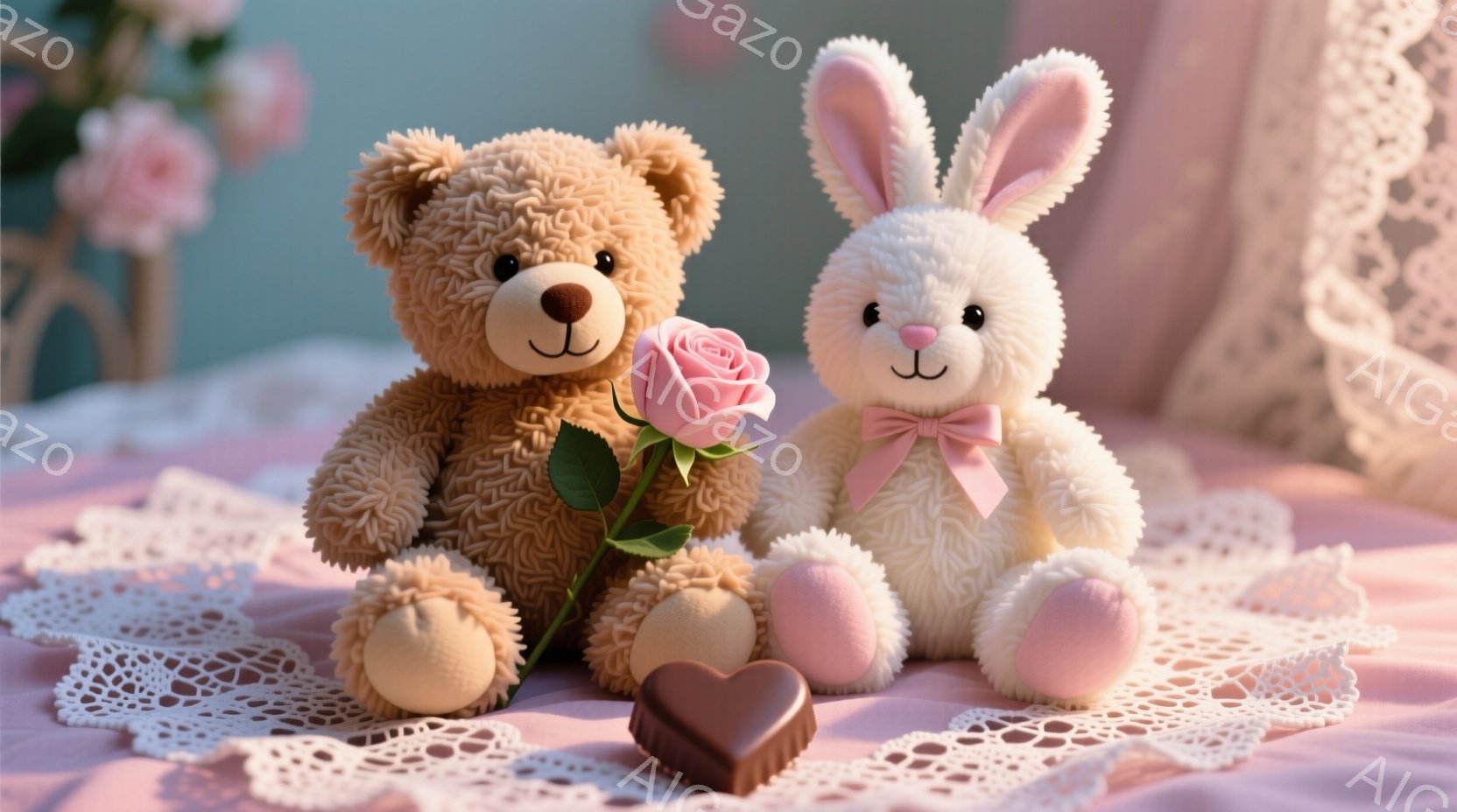 ふわふわのテディベアとウサギのぬいぐるみは、レース編みのドイリーの上に座っています。テディベアはピンク色の小さなバラの花を握り、ウサギはピンクのリボンをつけています。背景はぼやけたピンク色で、チョコレートのハートが添えられており、全体的に甘くロマンチックな雰囲気です。