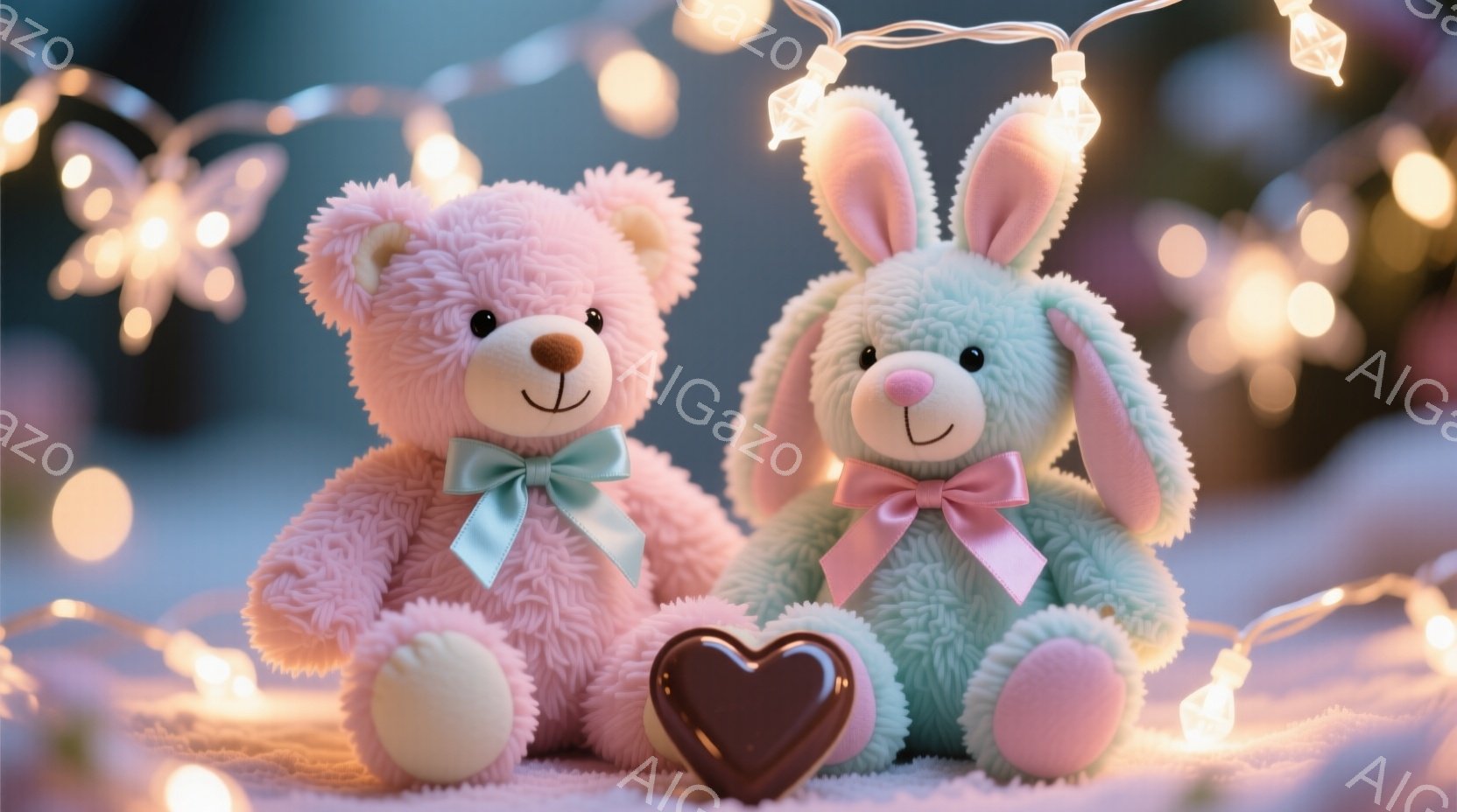 ピンク色のテディベアと水色のウサギのぬいぐるみは、白い背景に座って互いに寄り添っています。それぞれの首には、淡いピンクのリボンが結ばれており、ぬいぐるみは穏やかで幸せそうな表情をしています。背景にはぼやけた光のストリングライトがあり、暖かくロマンチックな雰囲気を醸し出しています。